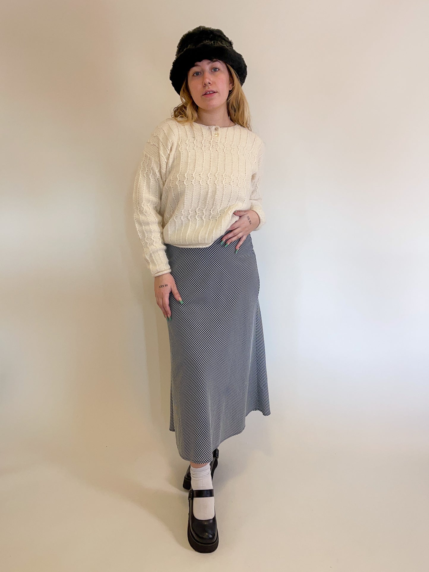 M 90s Navy Gingham Maxi Skirt