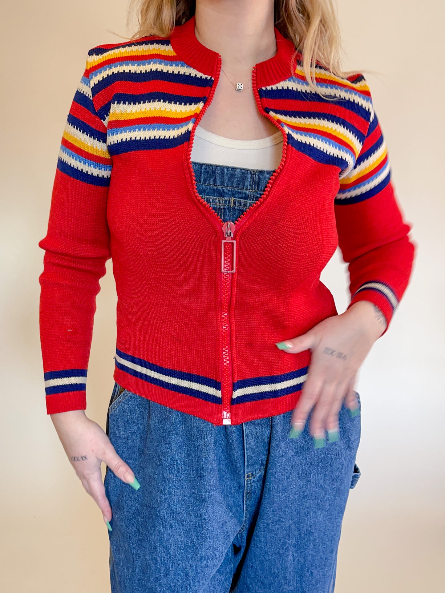 S/M 70s Rainbow Wool Zip-Up Cardigan