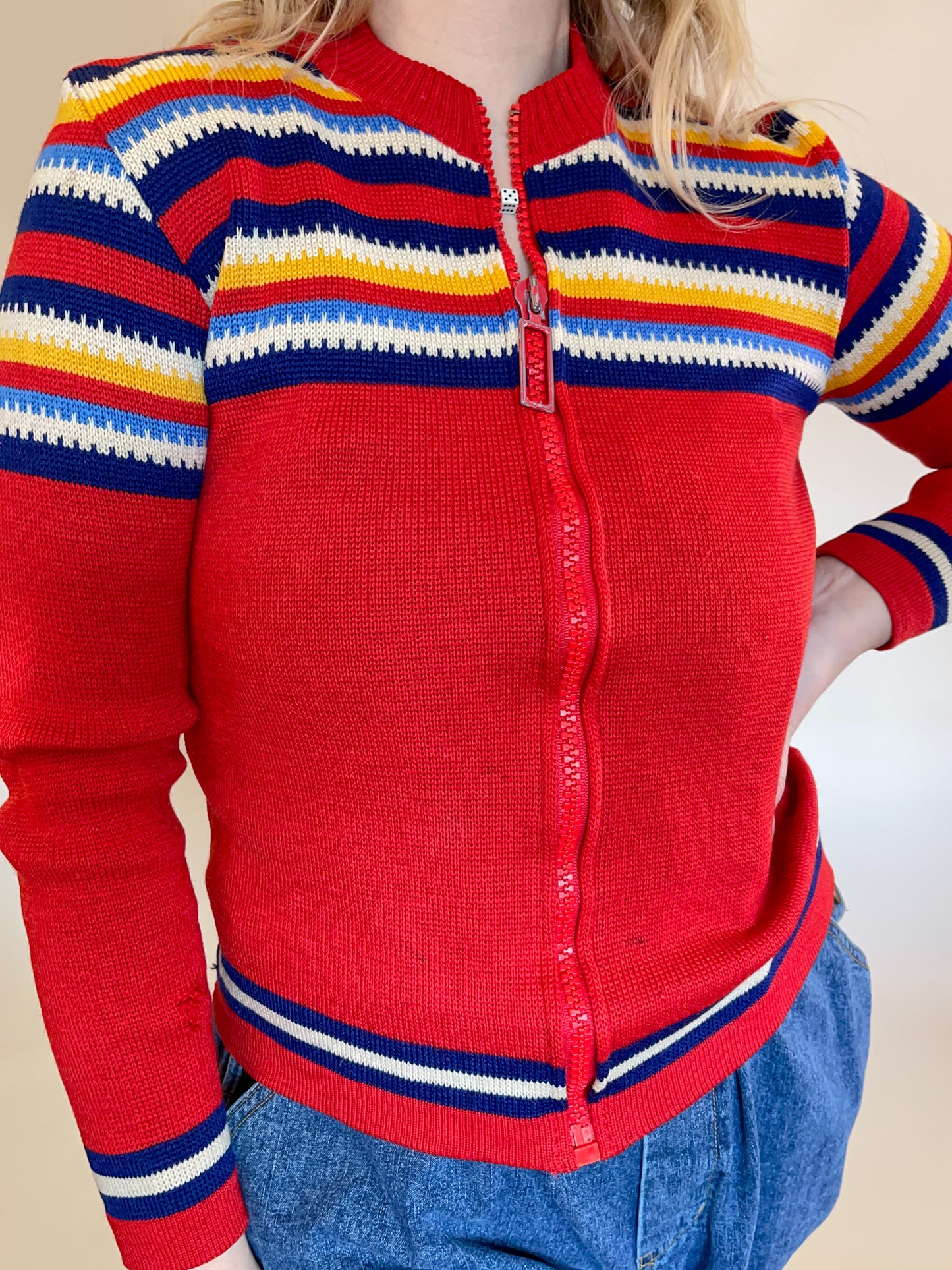 S/M 70s Rainbow Wool Zip-Up Cardigan