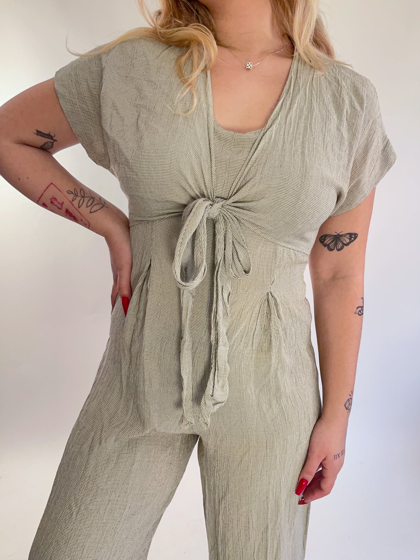 90s Beige Checked Crepe Tie Front Jumpsuit (M)
