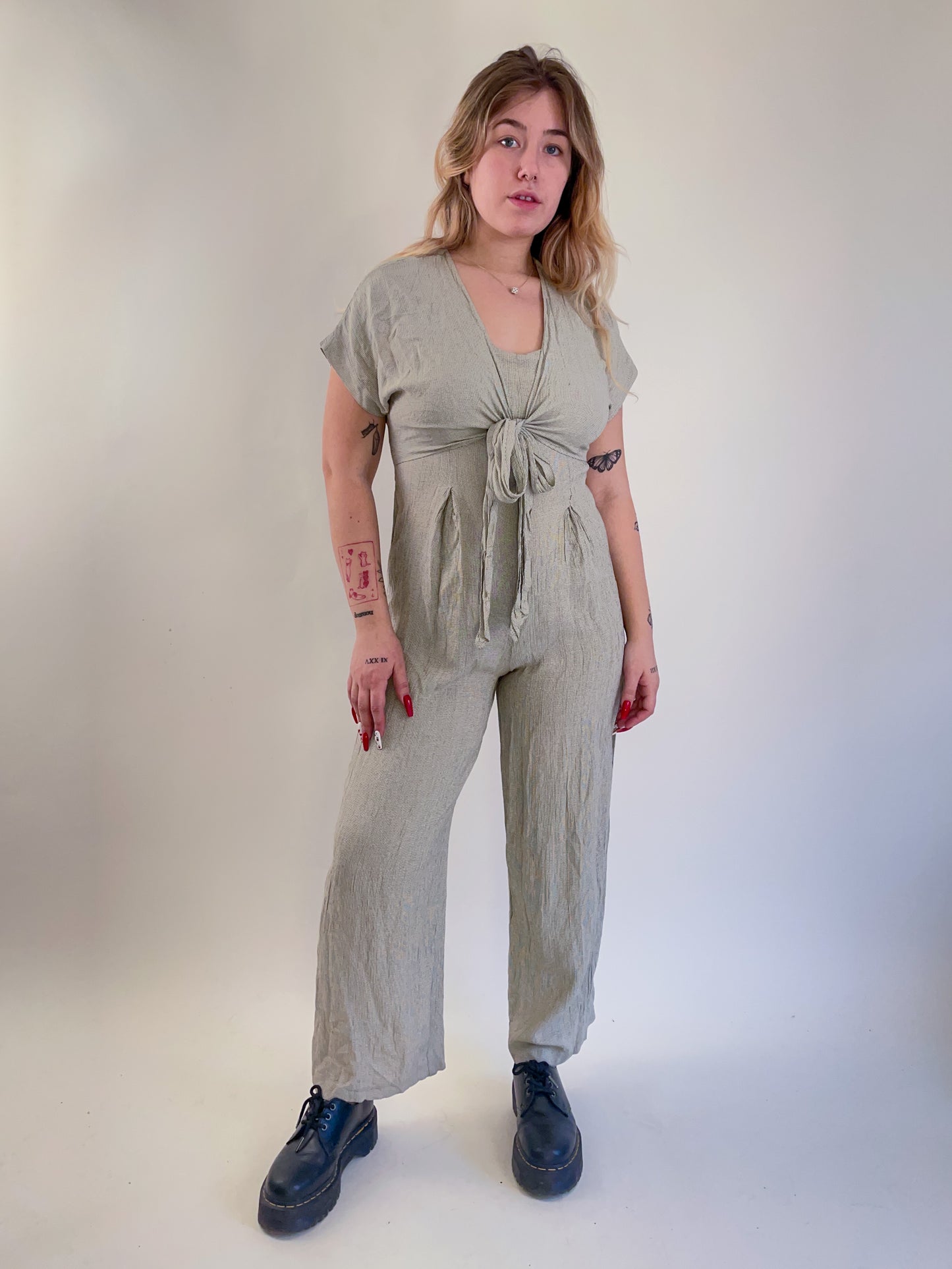 90s Beige Checked Crepe Tie Front Jumpsuit (M)