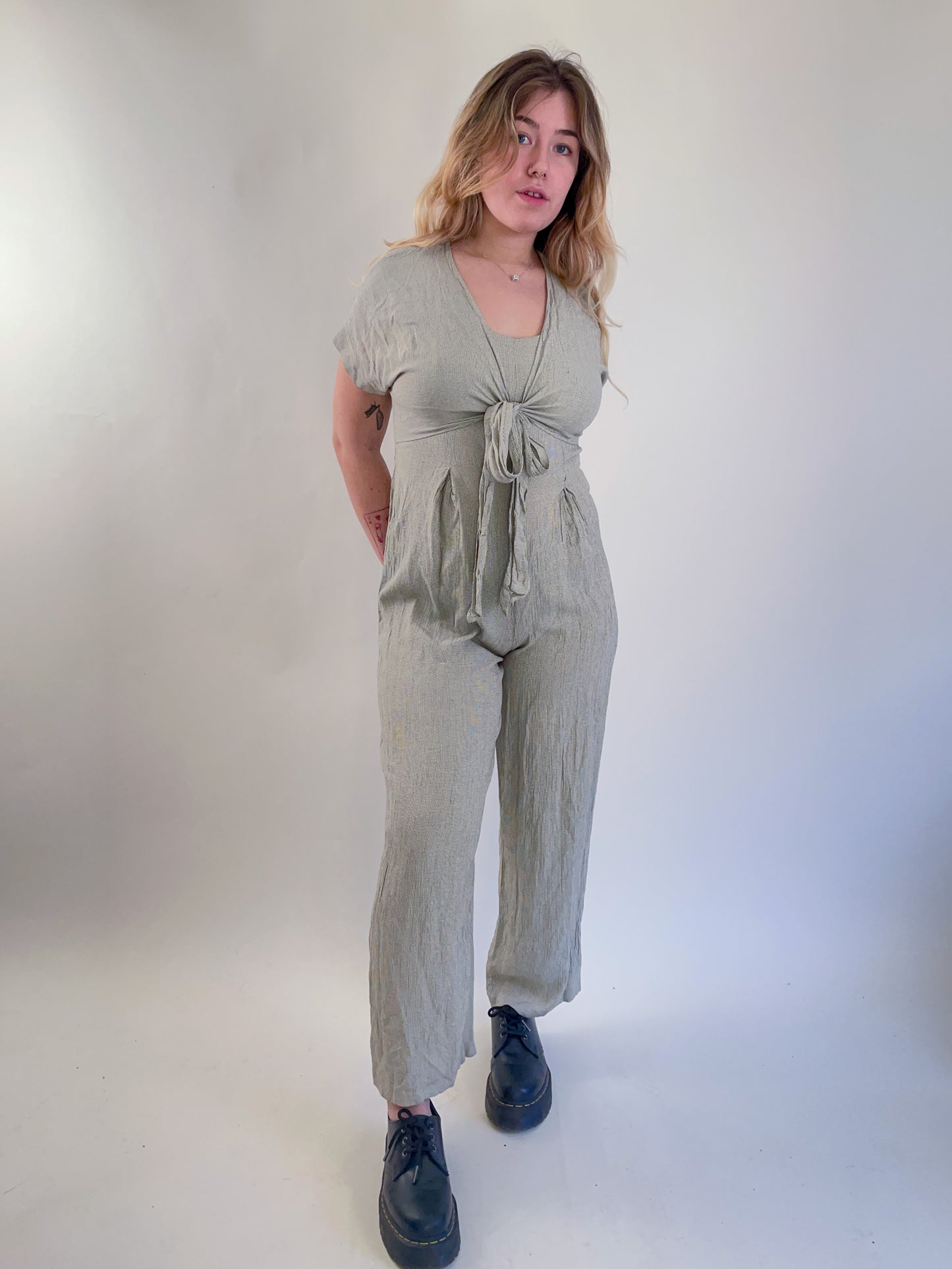 90s Beige Checked Crepe Tie Front Jumpsuit (M)