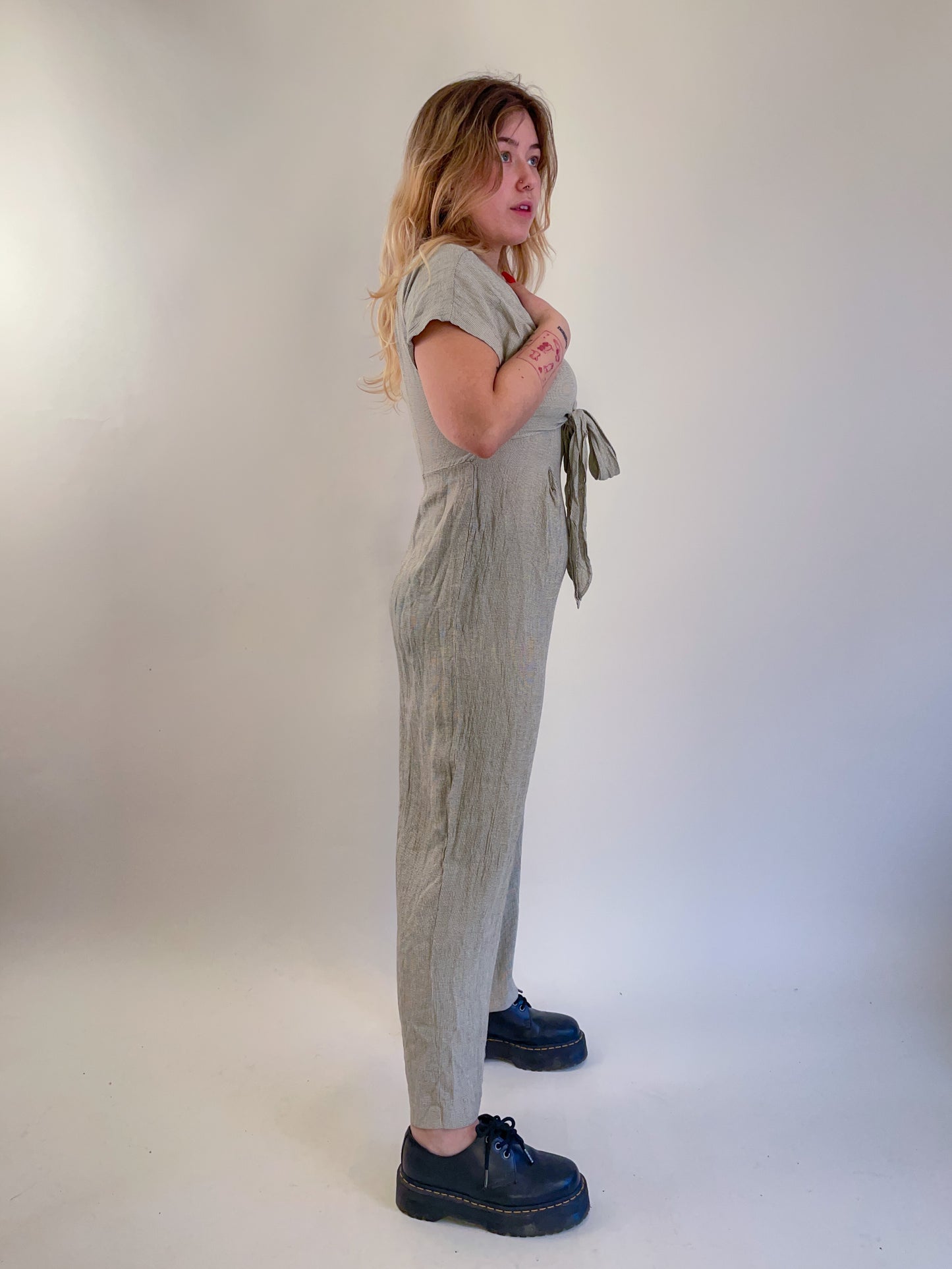 90s Beige Checked Crepe Tie Front Jumpsuit (M)