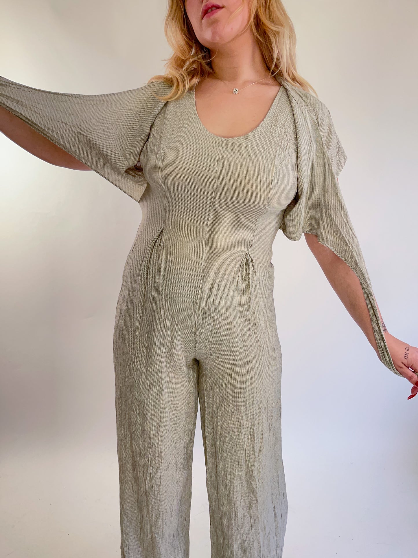 90s Beige Checked Crepe Tie Front Jumpsuit (M)