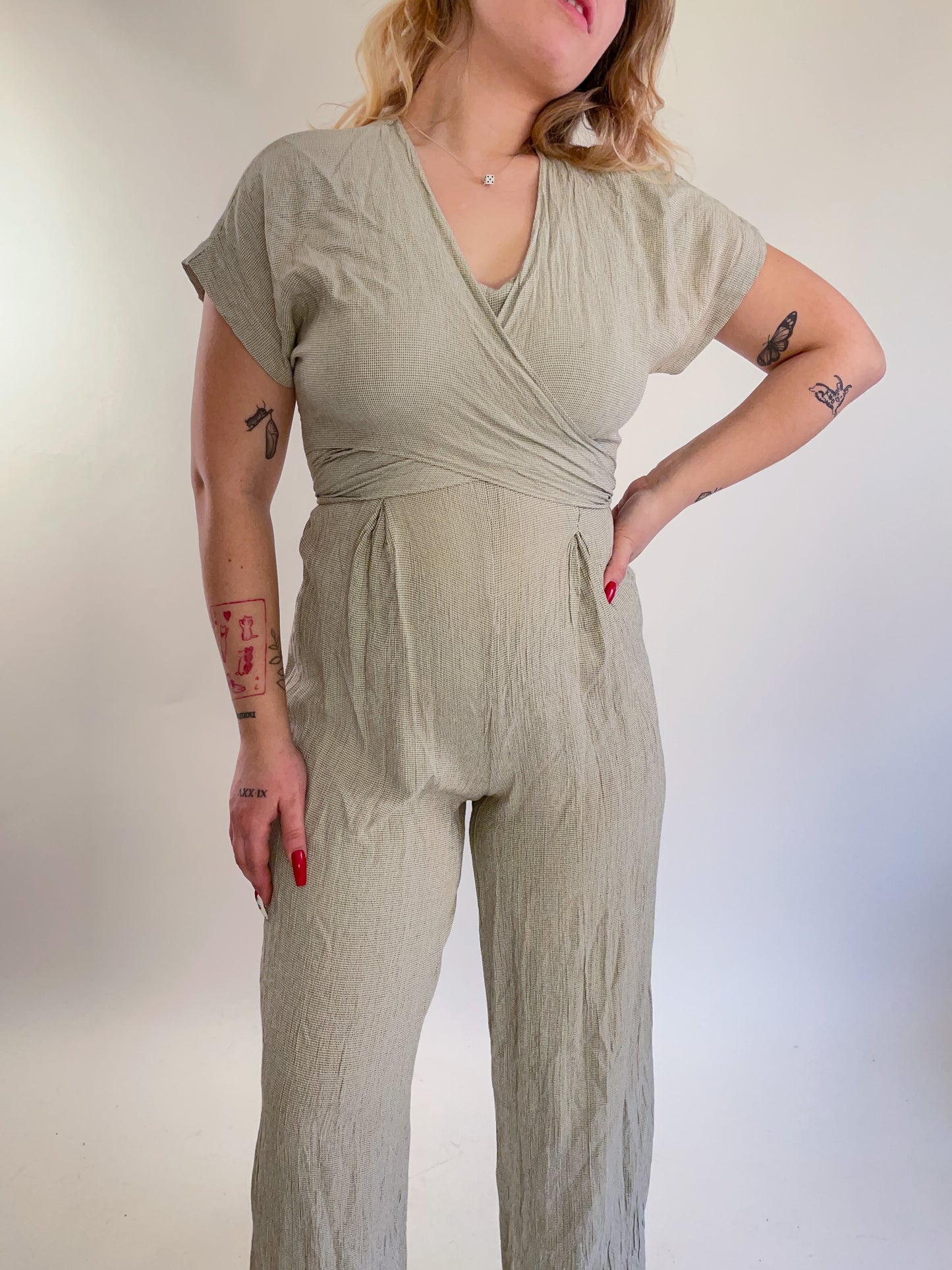 90s Beige Checked Crepe Tie Front Jumpsuit (M)
