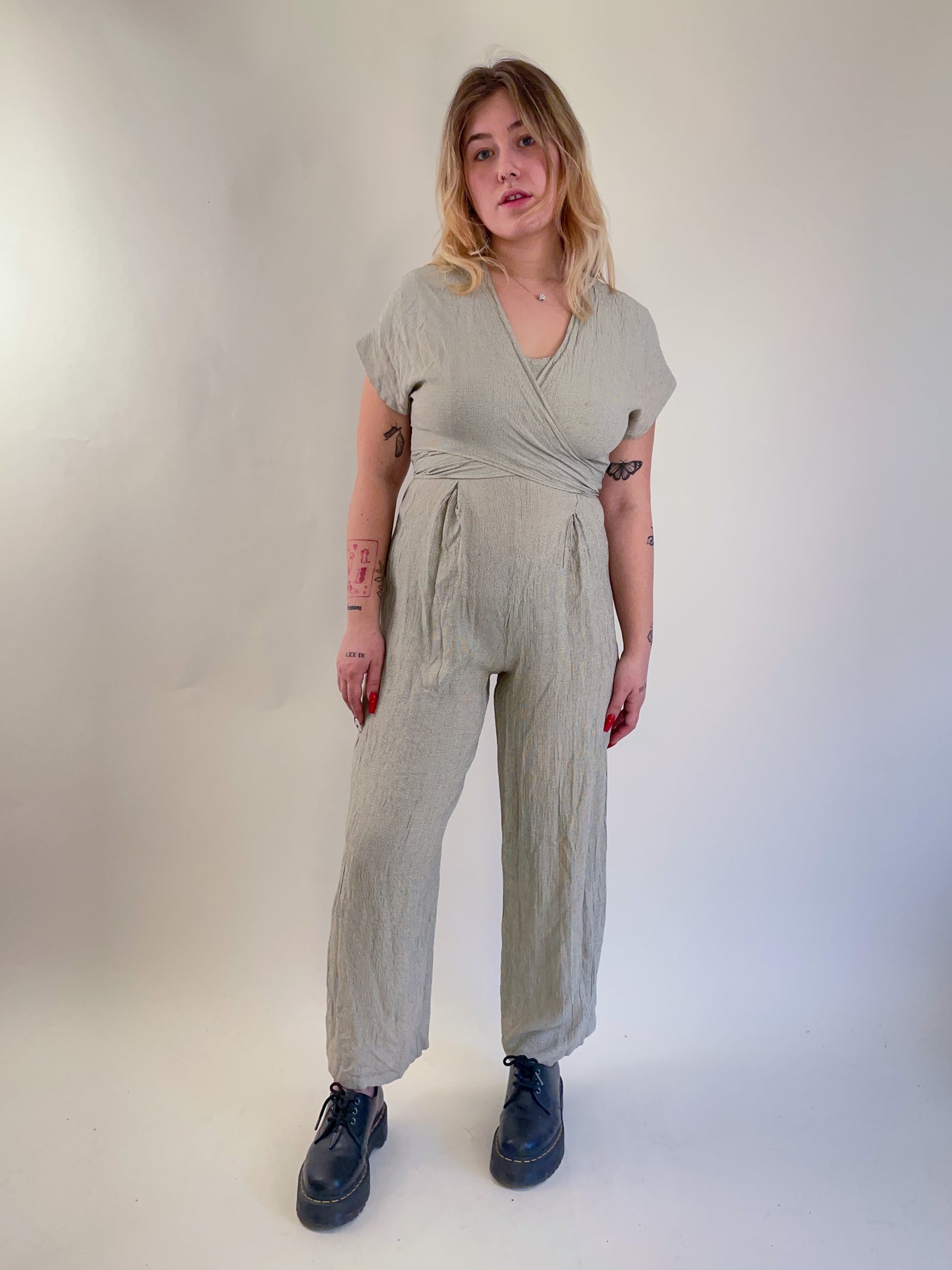90s Beige Checked Crepe Tie Front Jumpsuit (M)