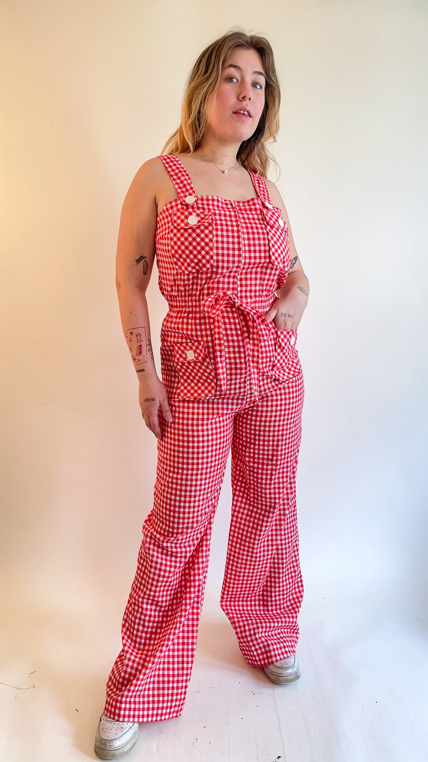 70s Red & White Gingham Jumpsuit (M/L)