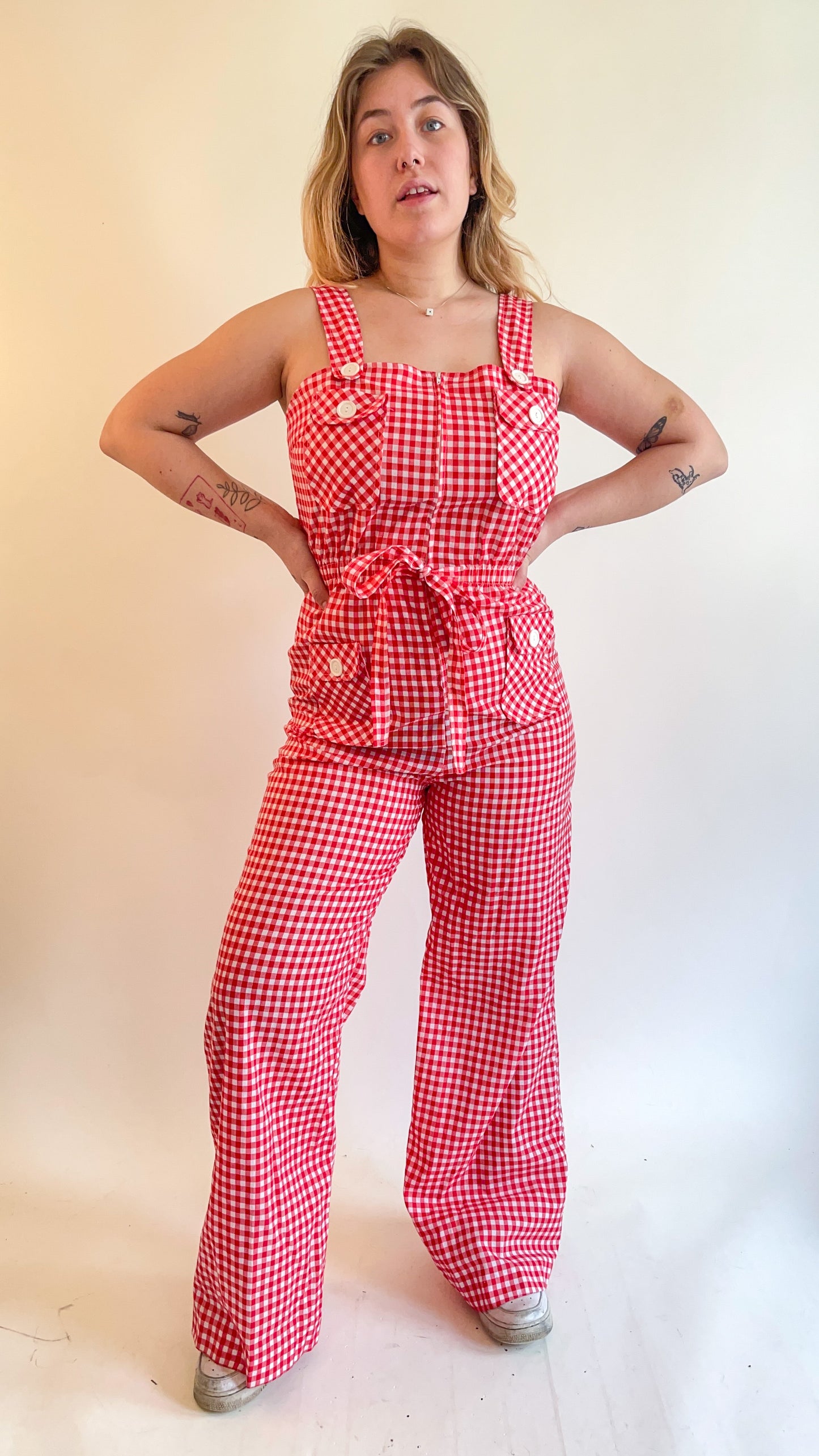 70s Red & White Gingham Jumpsuit (M/L)