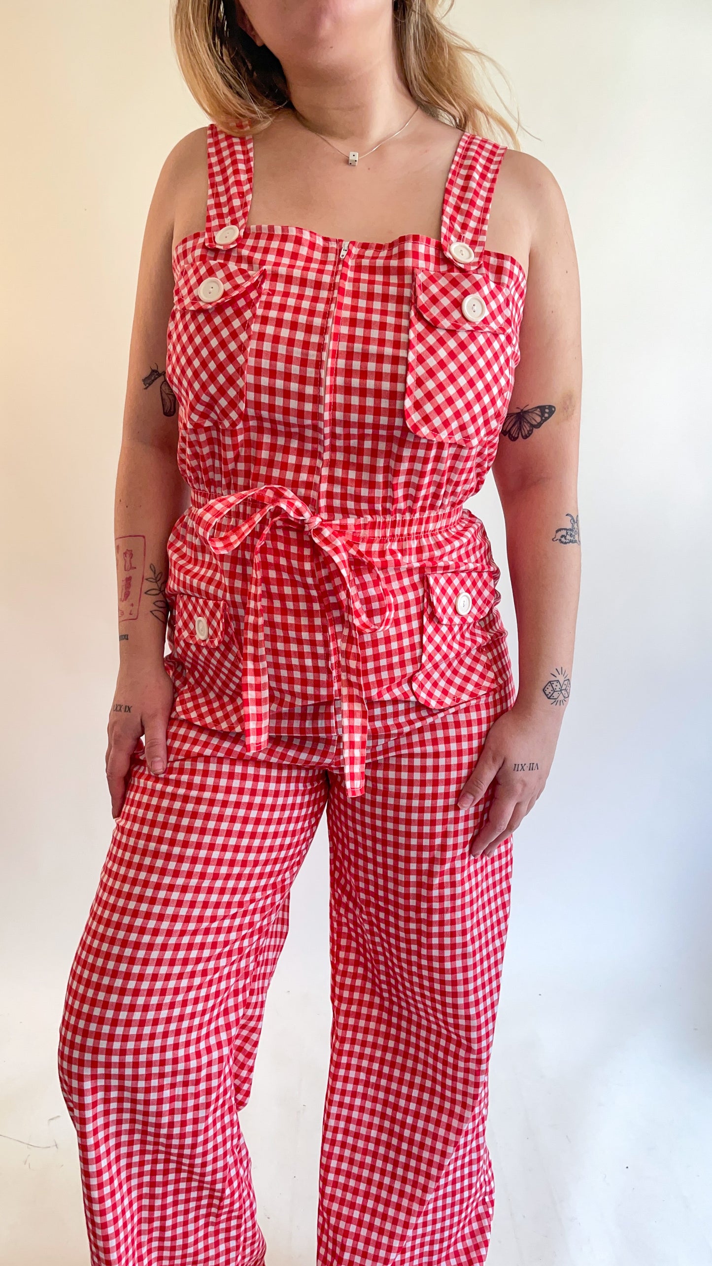 70s Red & White Gingham Jumpsuit (M/L)