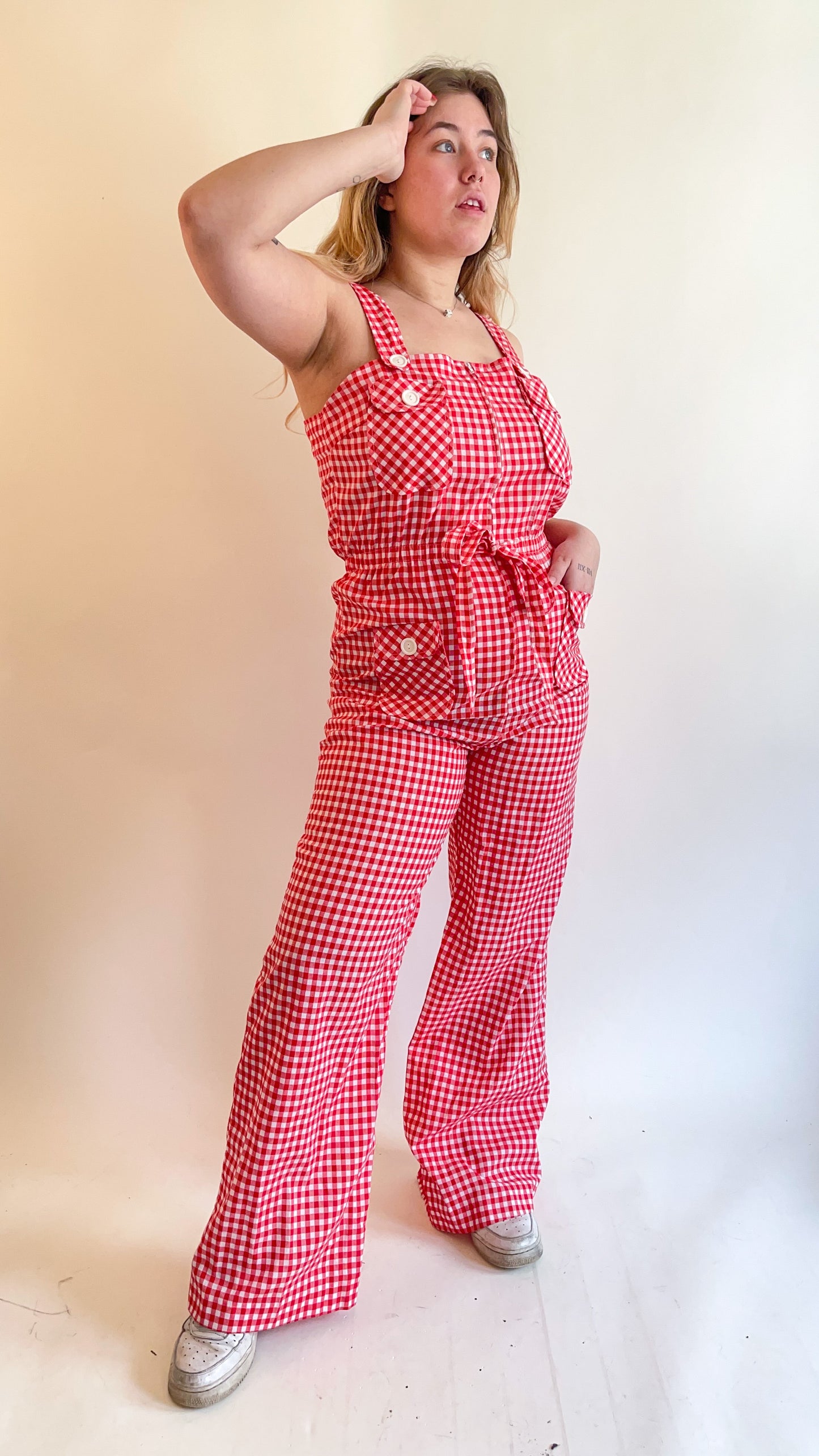 70s Red & White Gingham Jumpsuit (M/L)