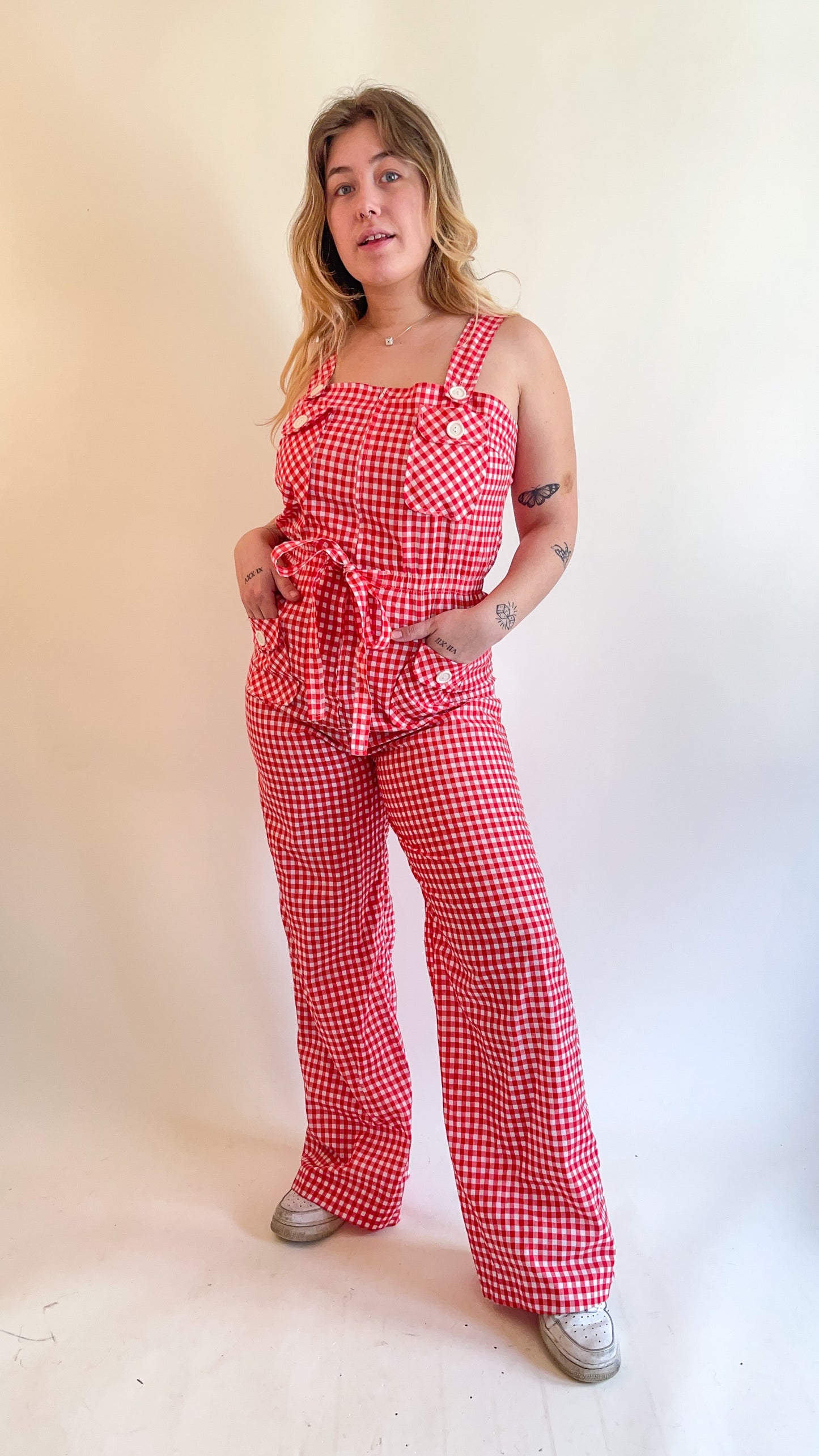 70s Red & White Gingham Jumpsuit (M/L)