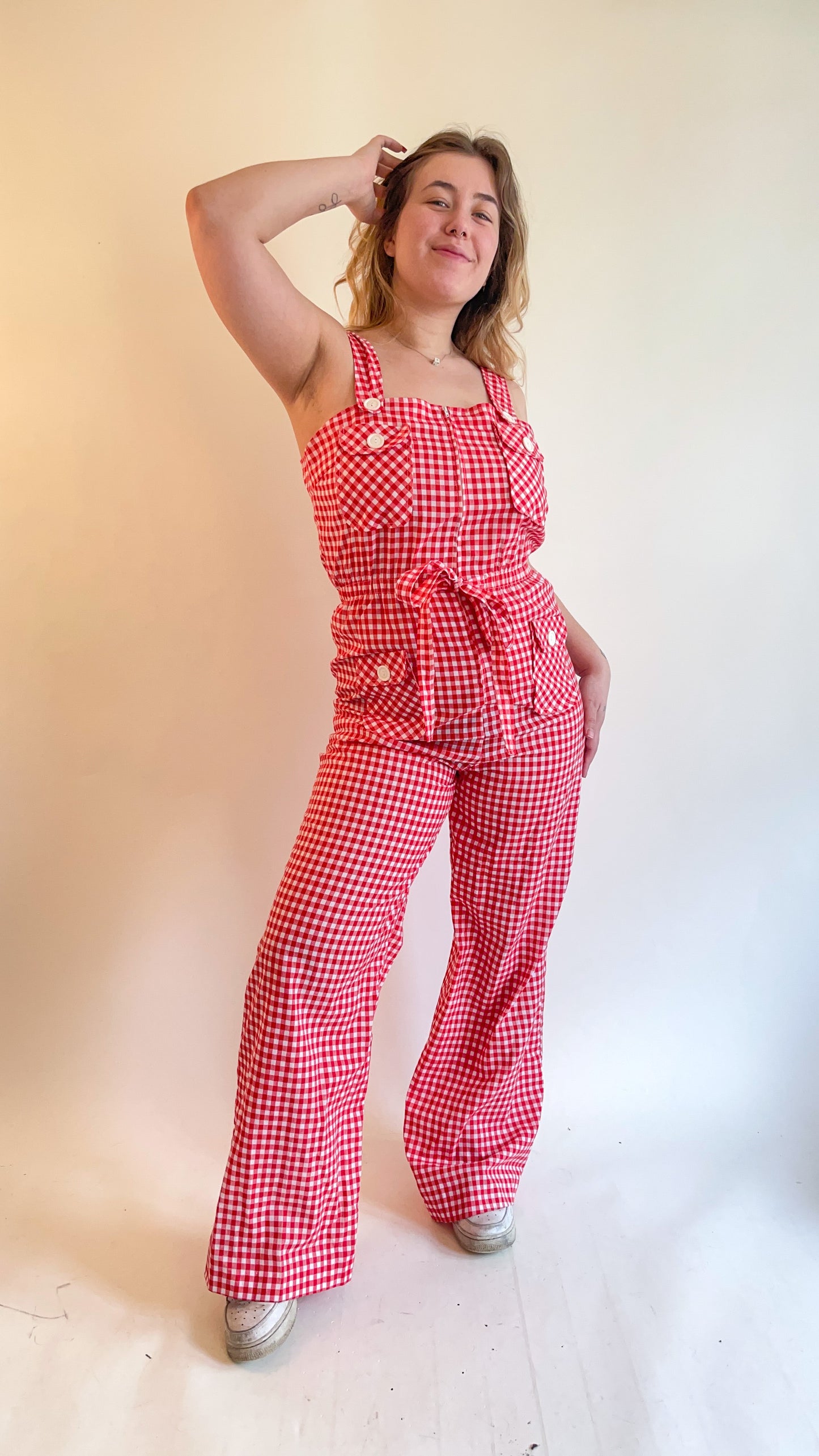 70s Red & White Gingham Jumpsuit (M/L)