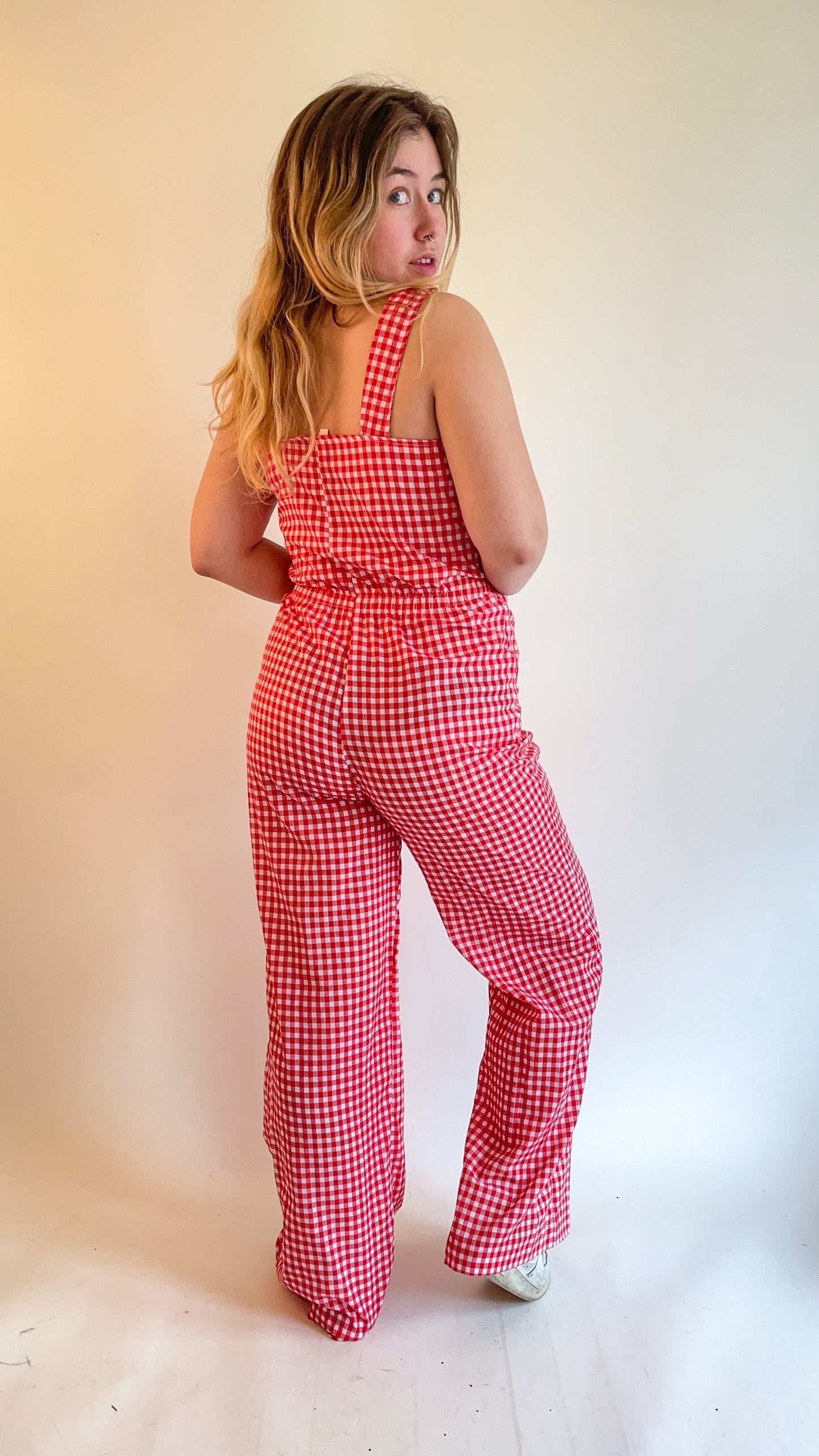 70s Red & White Gingham Jumpsuit (M/L)