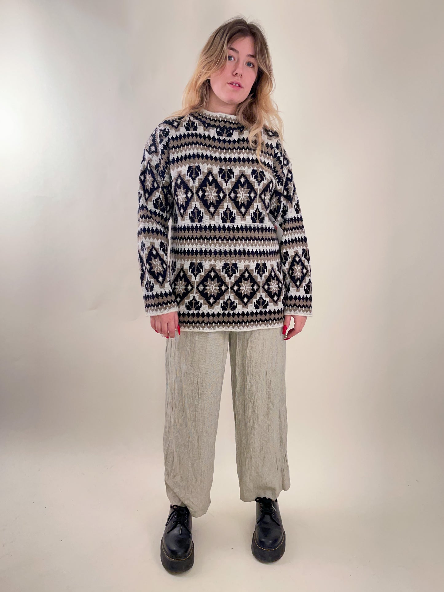 90s Neutral Fair Isle Knit Sweater (L)