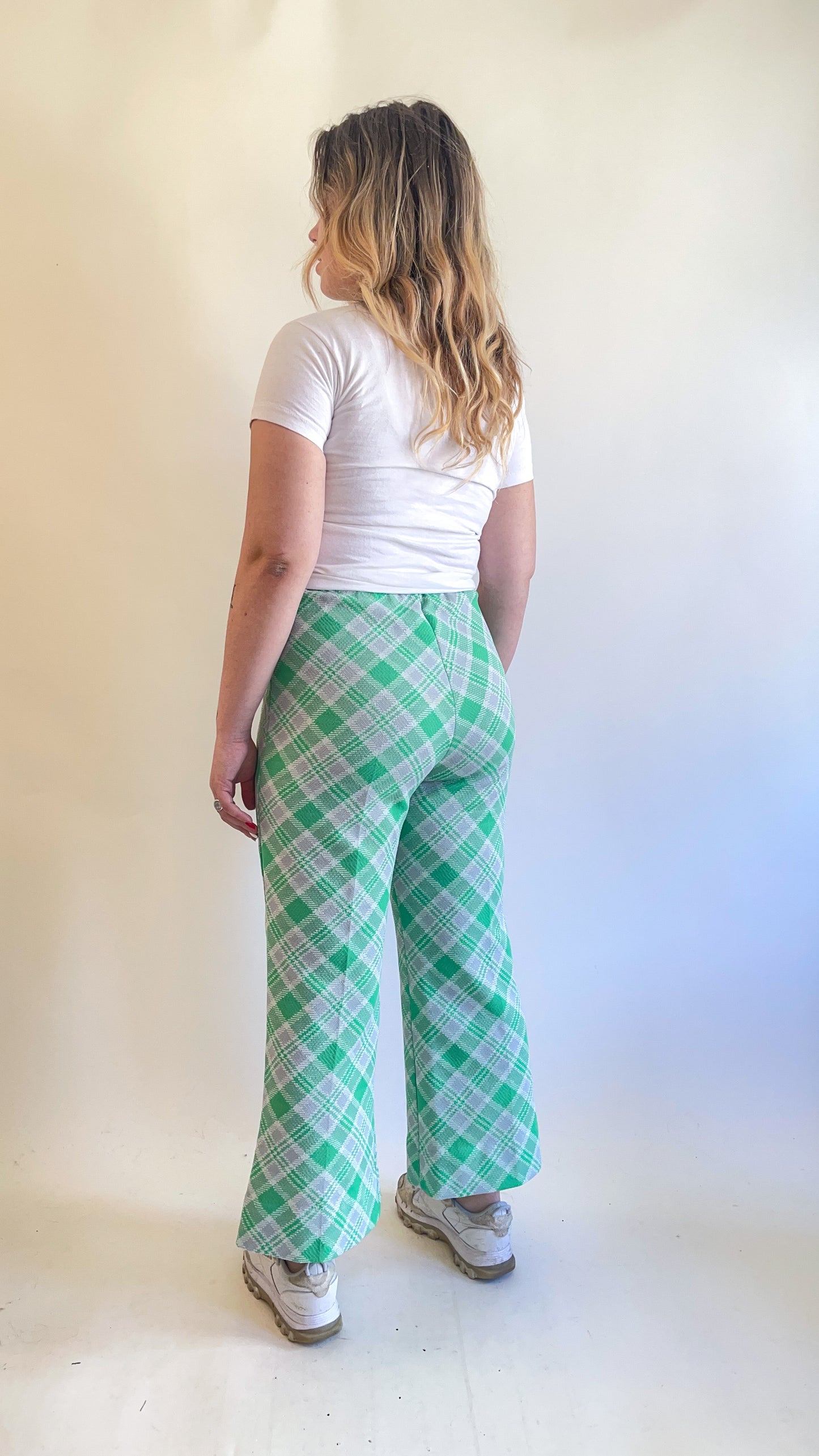 70s Neon Green Plaid Kick Flare Pants (W24"-W32")