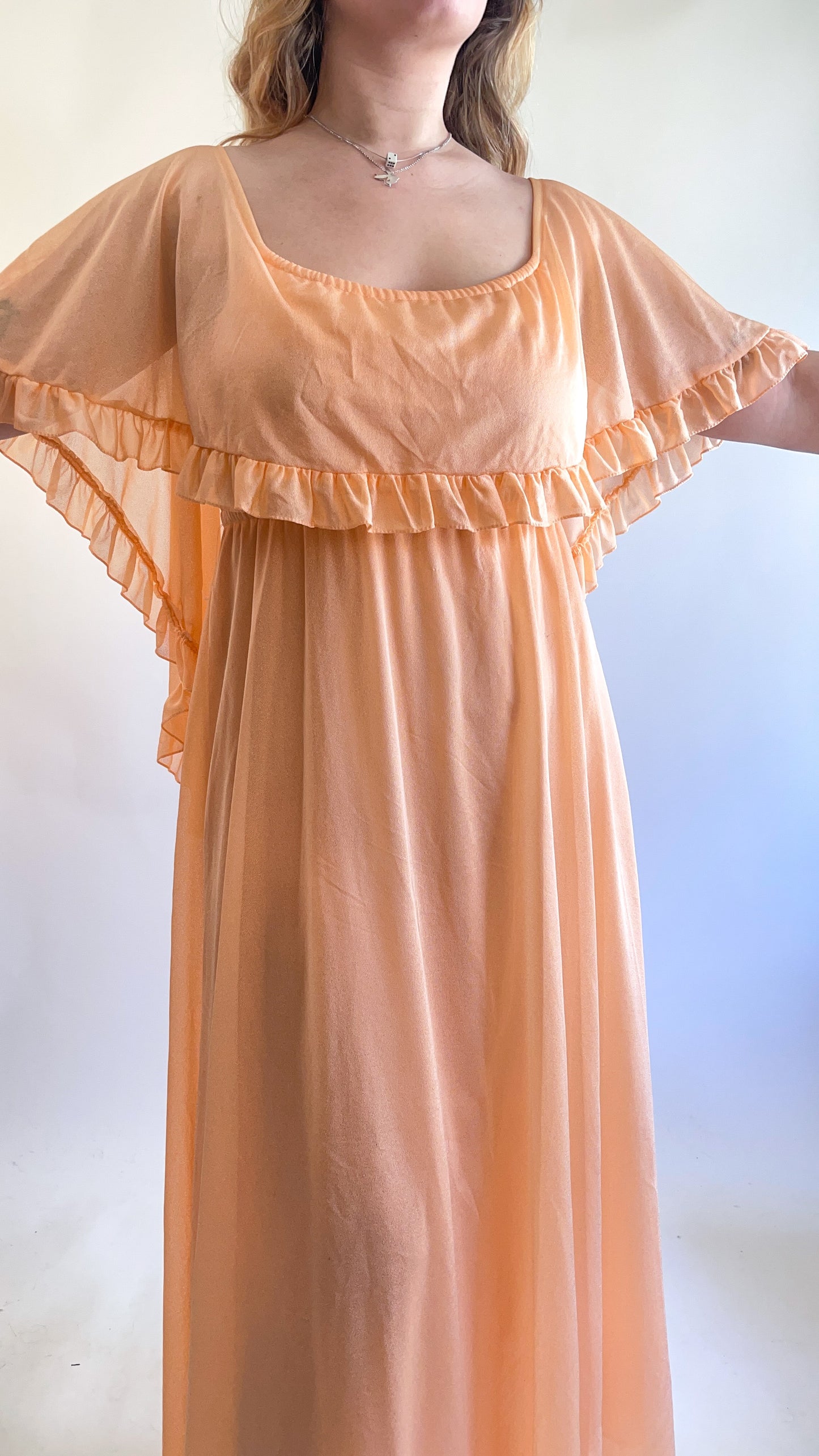 70s Peach Ruffled Cape Maxi Dress (M)