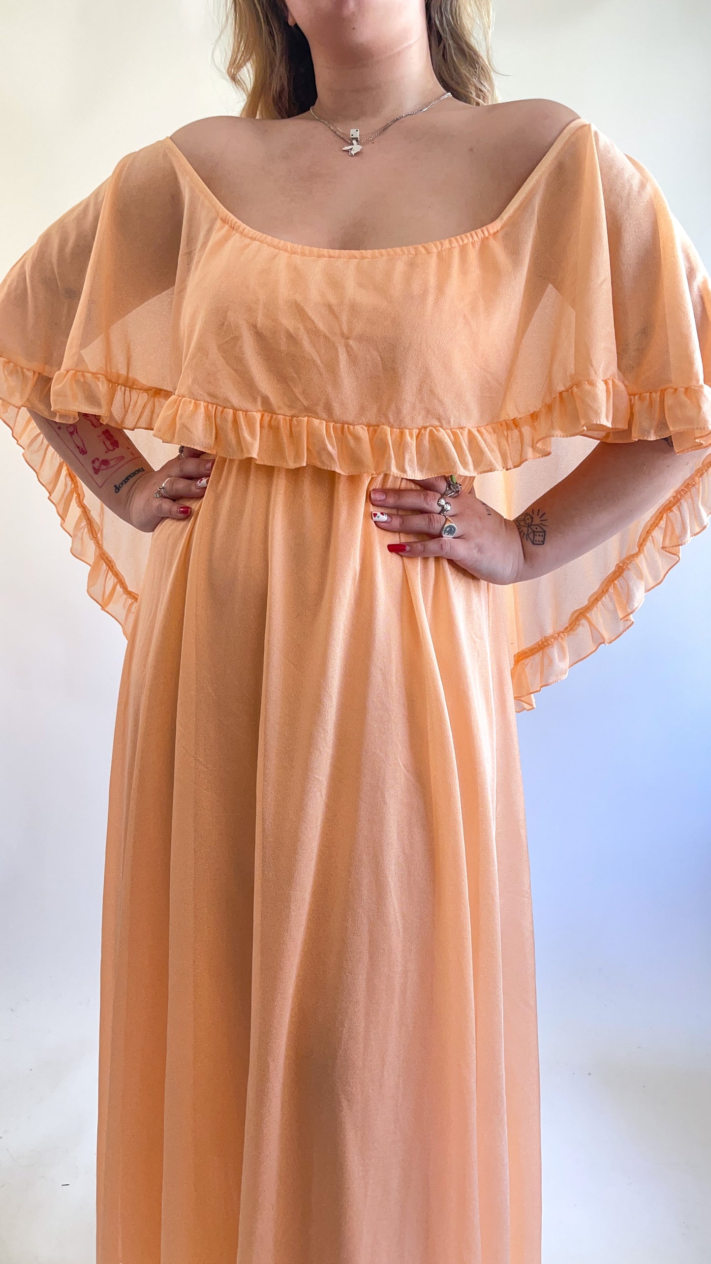 70s Peach Ruffled Cape Maxi Dress (M)