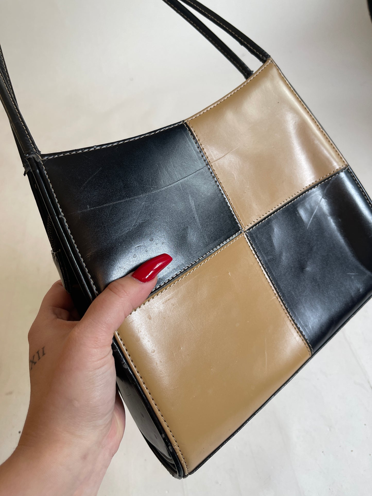 90s Tan & Black Checkered Shoulder Bag