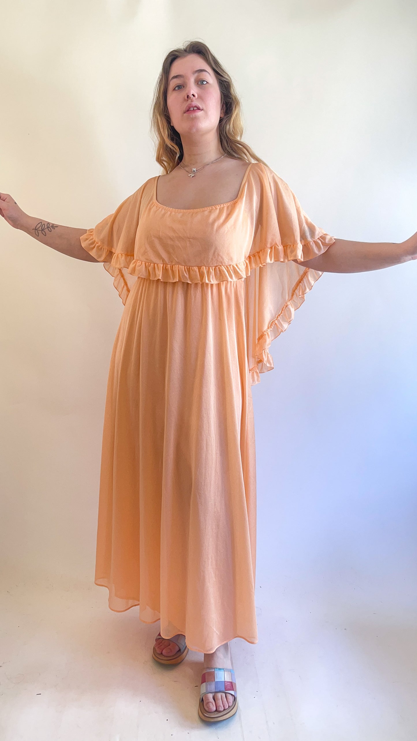 70s Peach Ruffled Cape Maxi Dress (M)