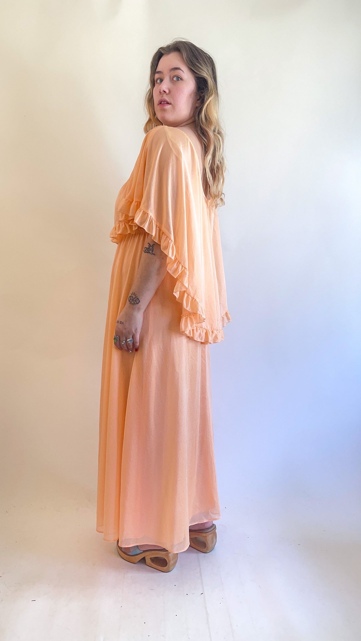70s Peach Ruffled Cape Maxi Dress (M)