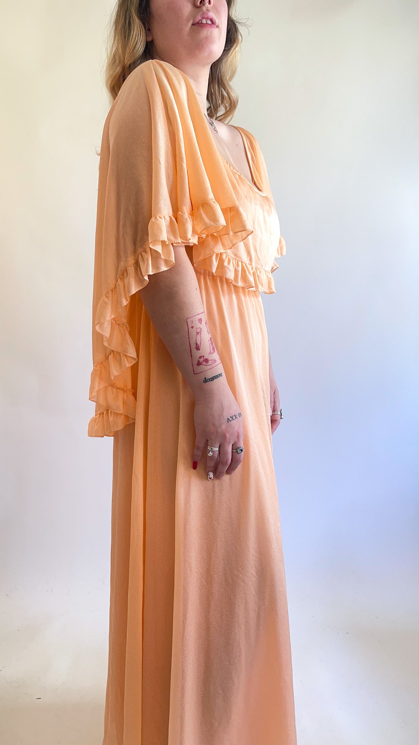 70s Peach Ruffled Cape Maxi Dress (M)