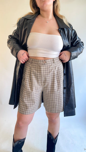 90s Tan Checked Trouser Fit Shorts (W32")