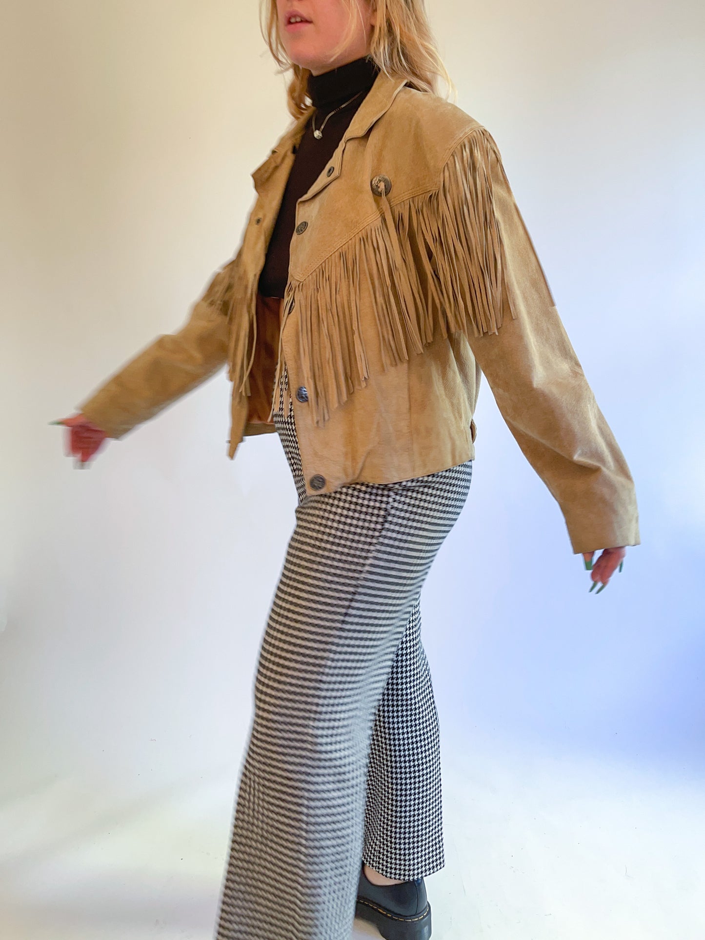 L 80s Tan Suede Fringe Jacket