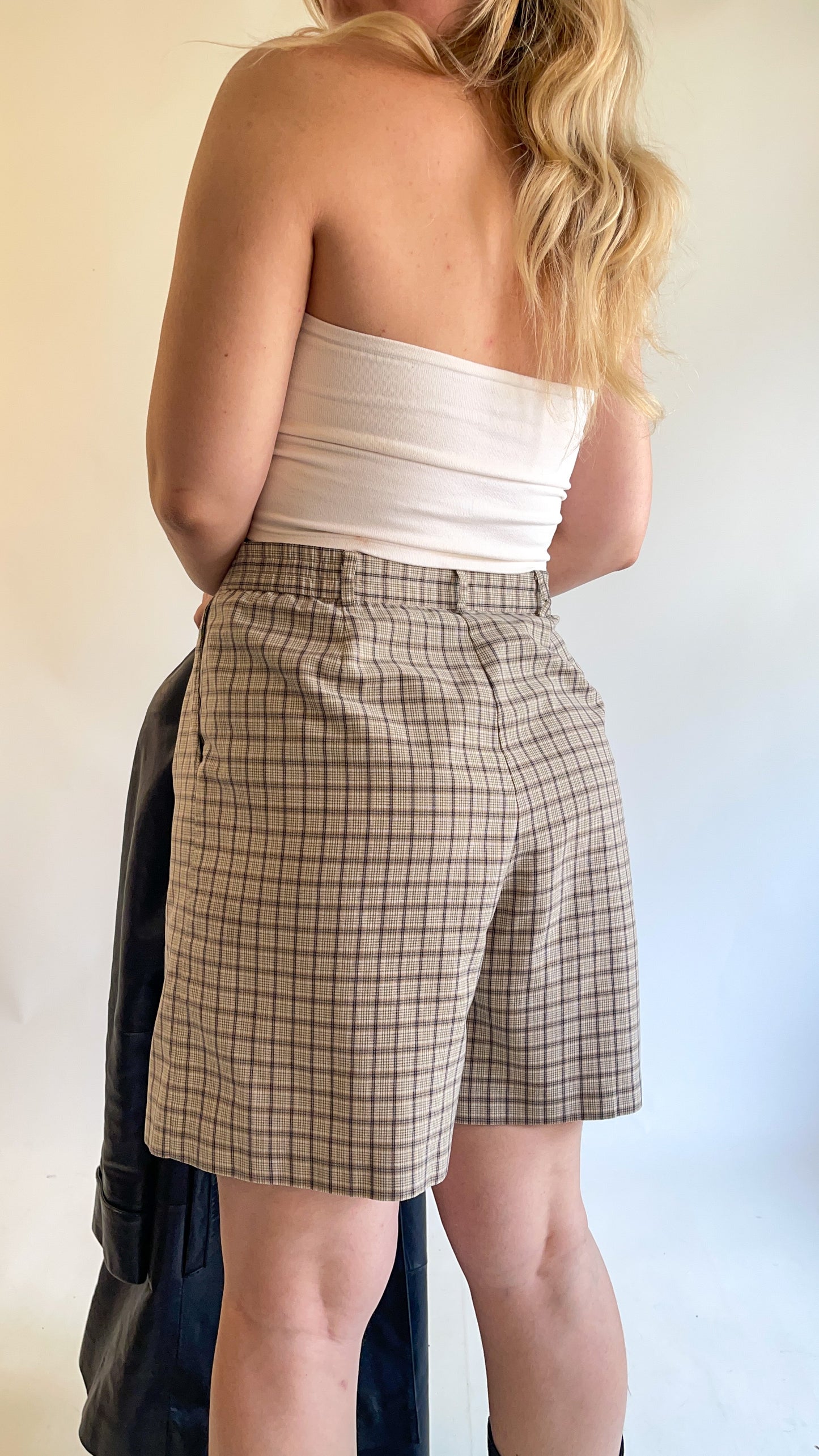 90s Tan Checked Trouser Fit Shorts (W32")