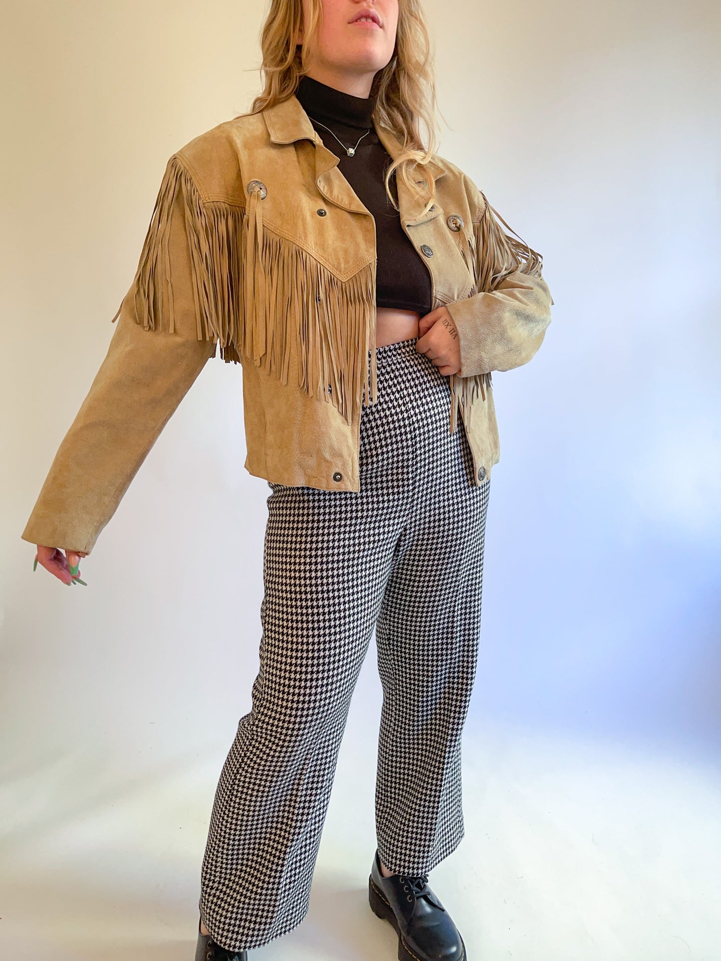 L 80s Tan Suede Fringe Jacket