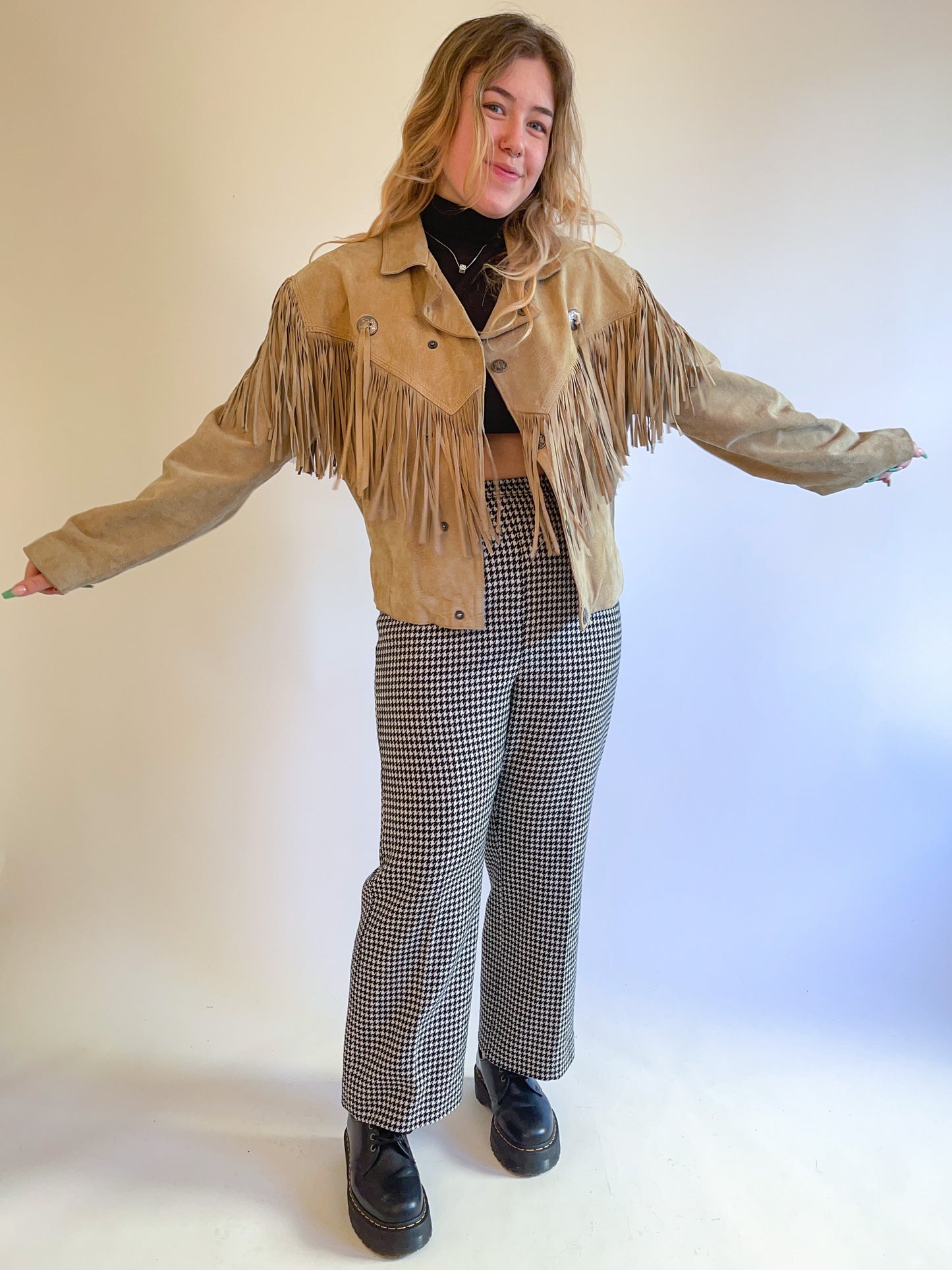 L 80s Tan Suede Fringe Jacket