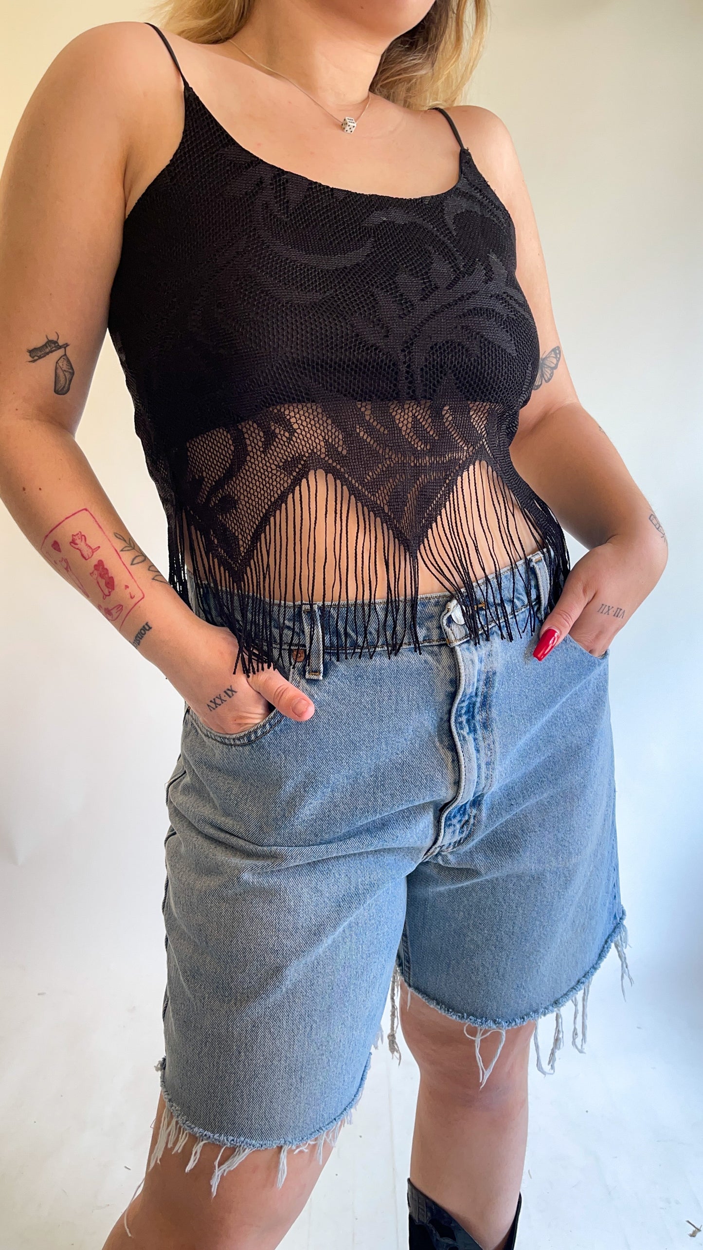 90s-00s Deadstock Black Crochet Fringe Lace Tank Top (S/M)