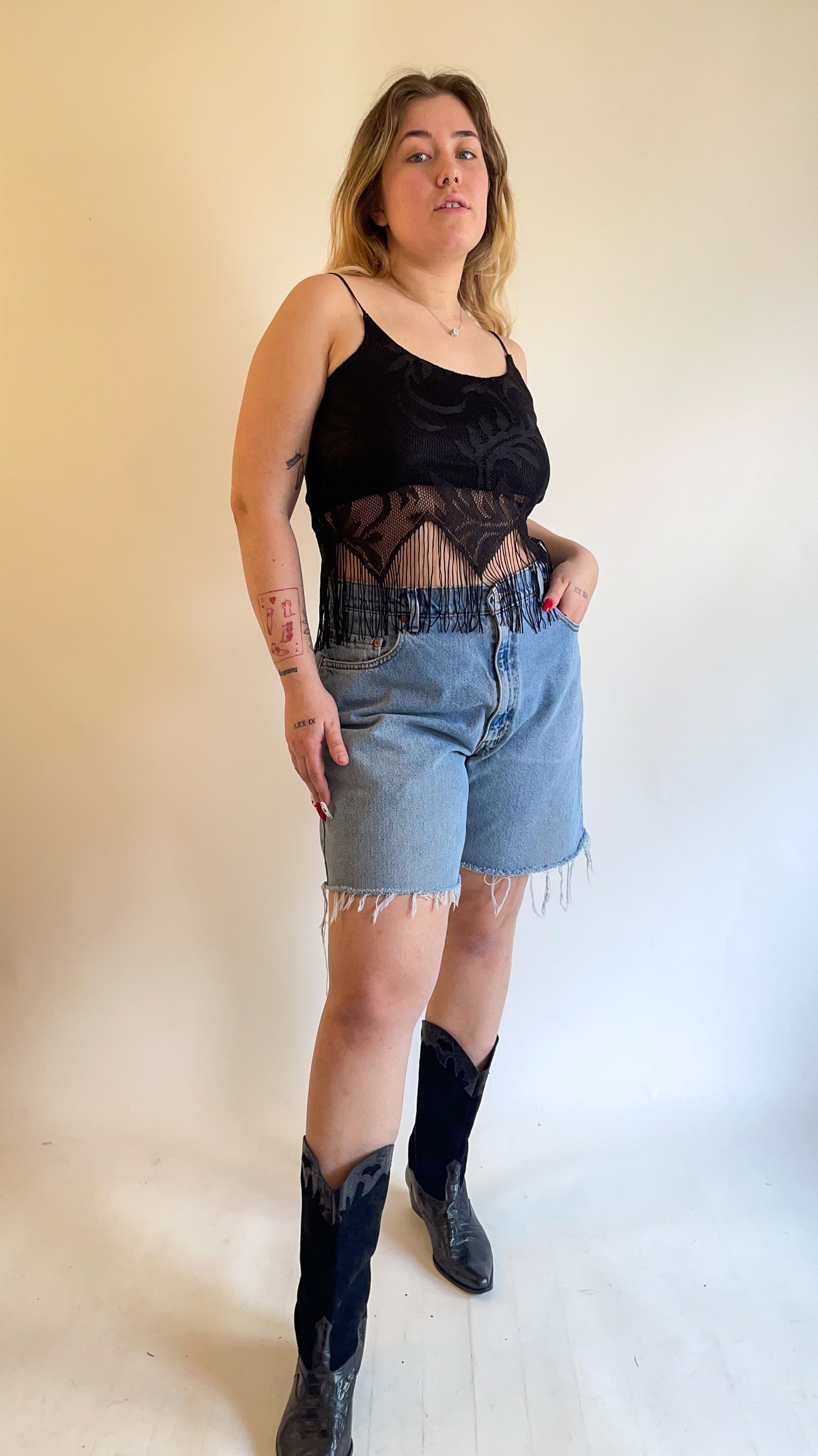 90s-00s Deadstock Black Crochet Fringe Lace Tank Top (S/M)