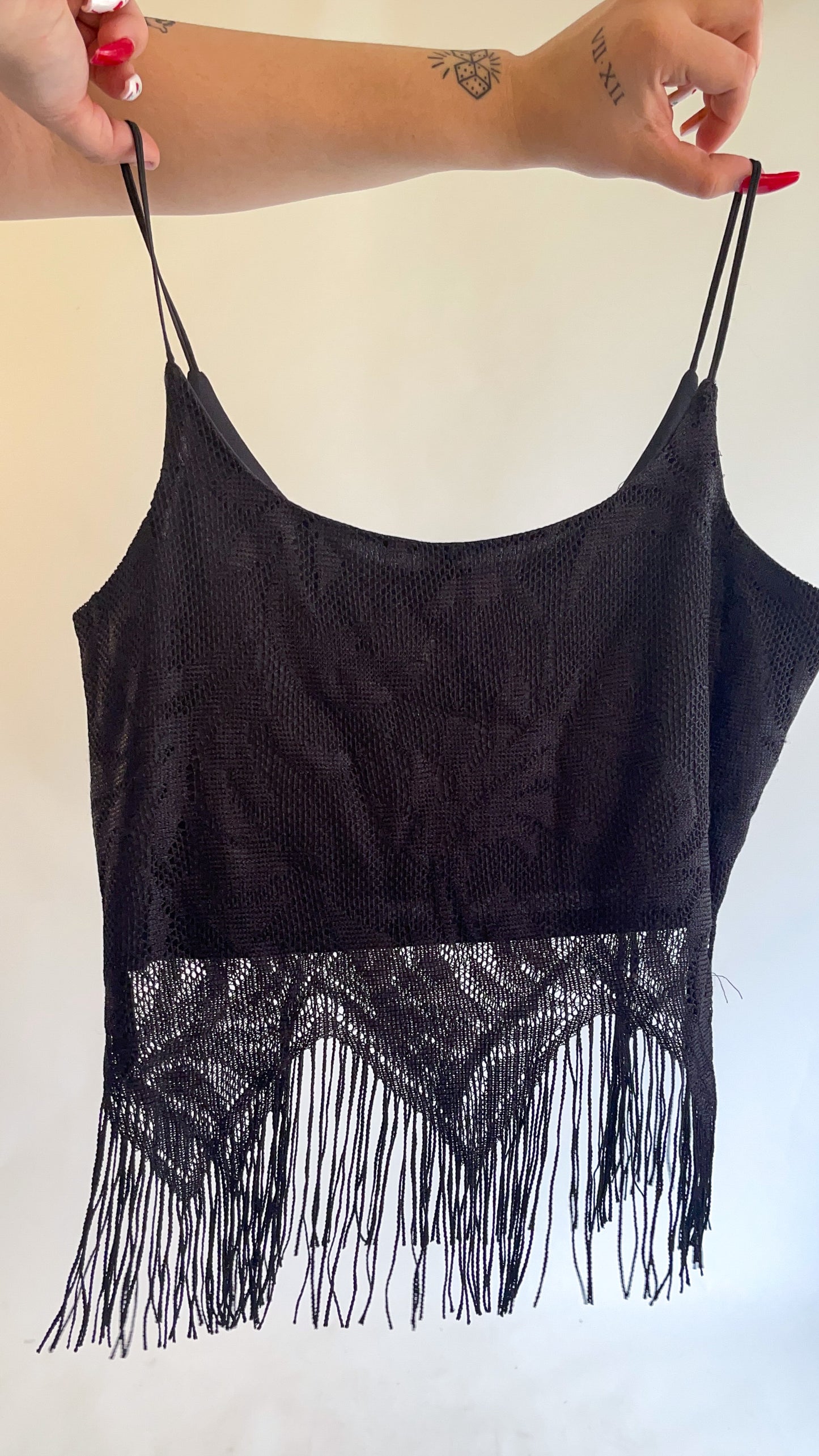 90s-00s Deadstock Black Crochet Fringe Lace Tank Top (S/M)