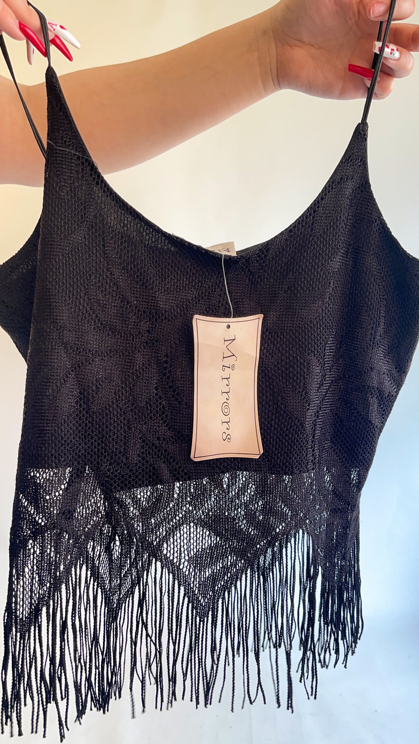 90s-00s Deadstock Black Crochet Fringe Lace Tank Top (S/M)