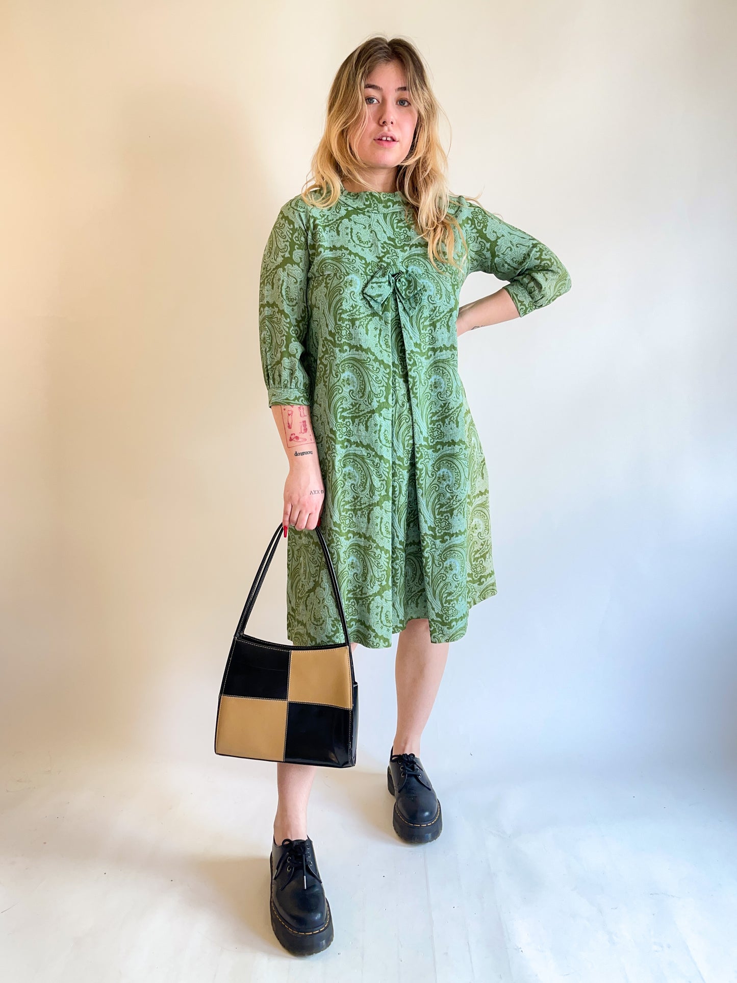 60s Green Paisley Pleated Day Dress (M/L)