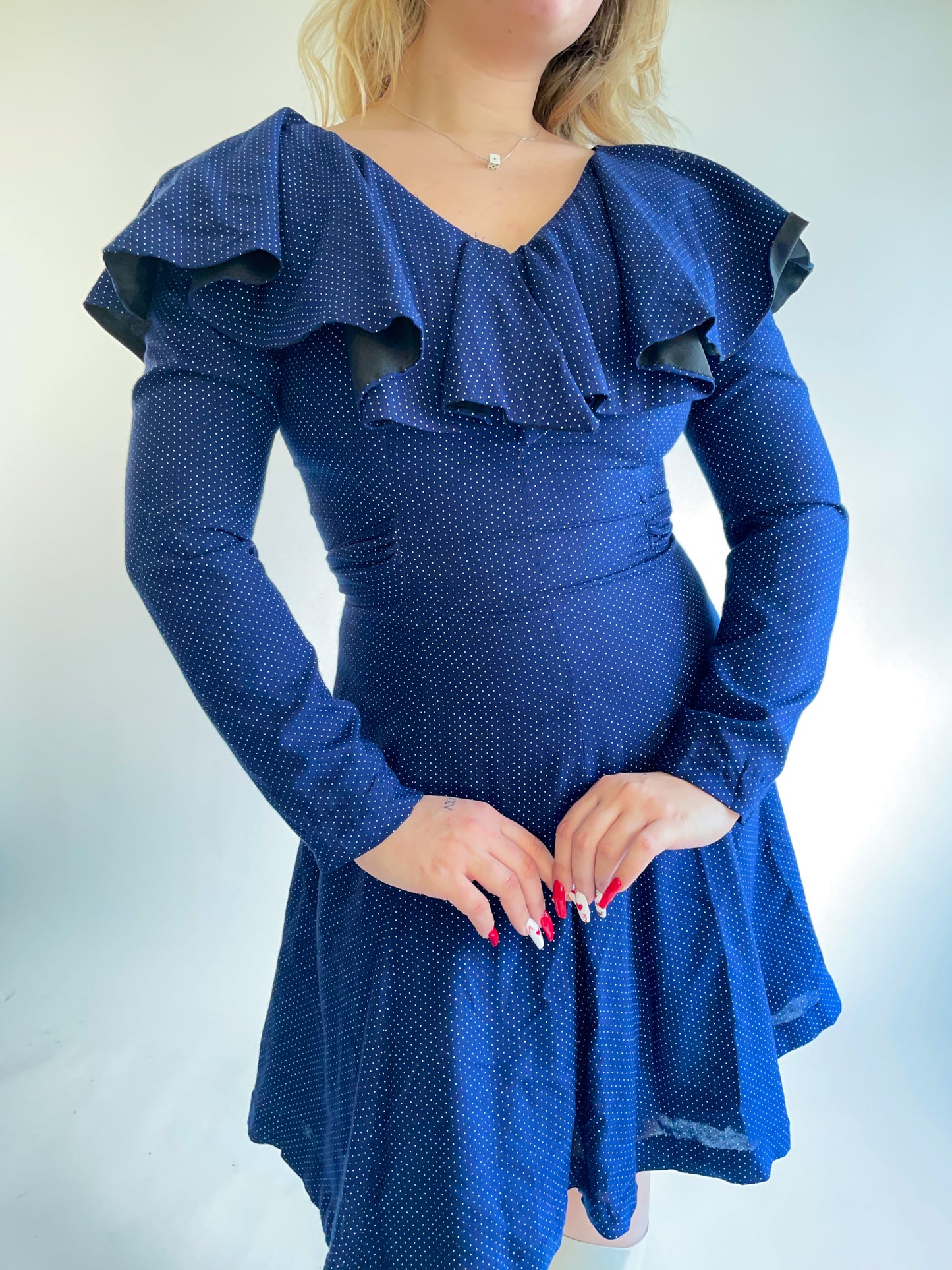 70s Navy Polka Dot Ruffled Mini Dress (S/M)