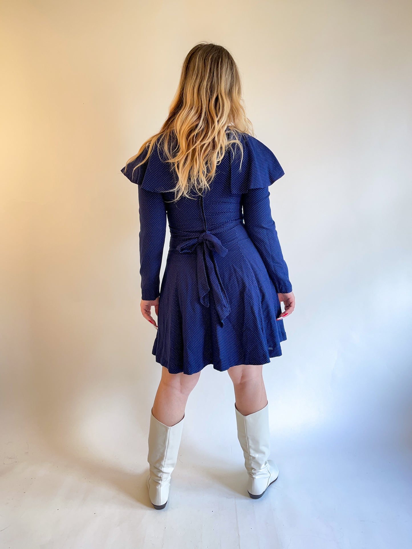 70s Navy Polka Dot Ruffled Mini Dress (S/M)
