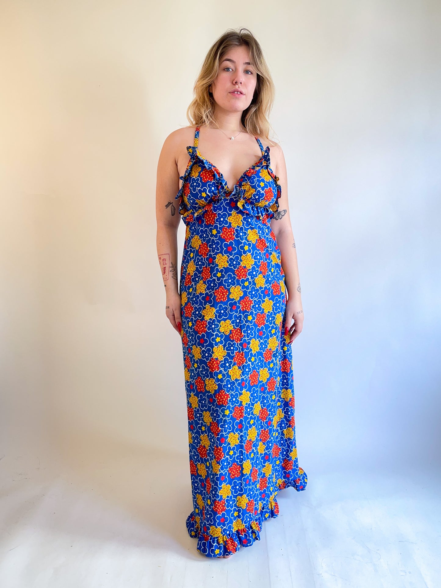 70s ABC Flower Print Maxi Dress (M)