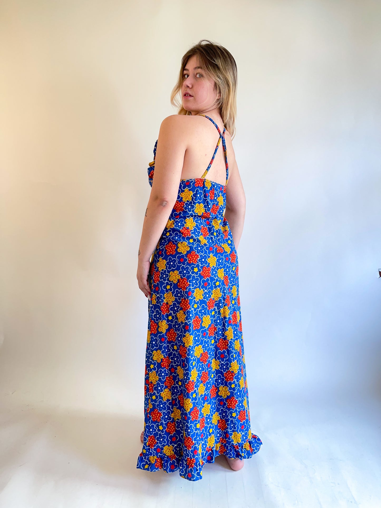 70s ABC Flower Print Maxi Dress (M)