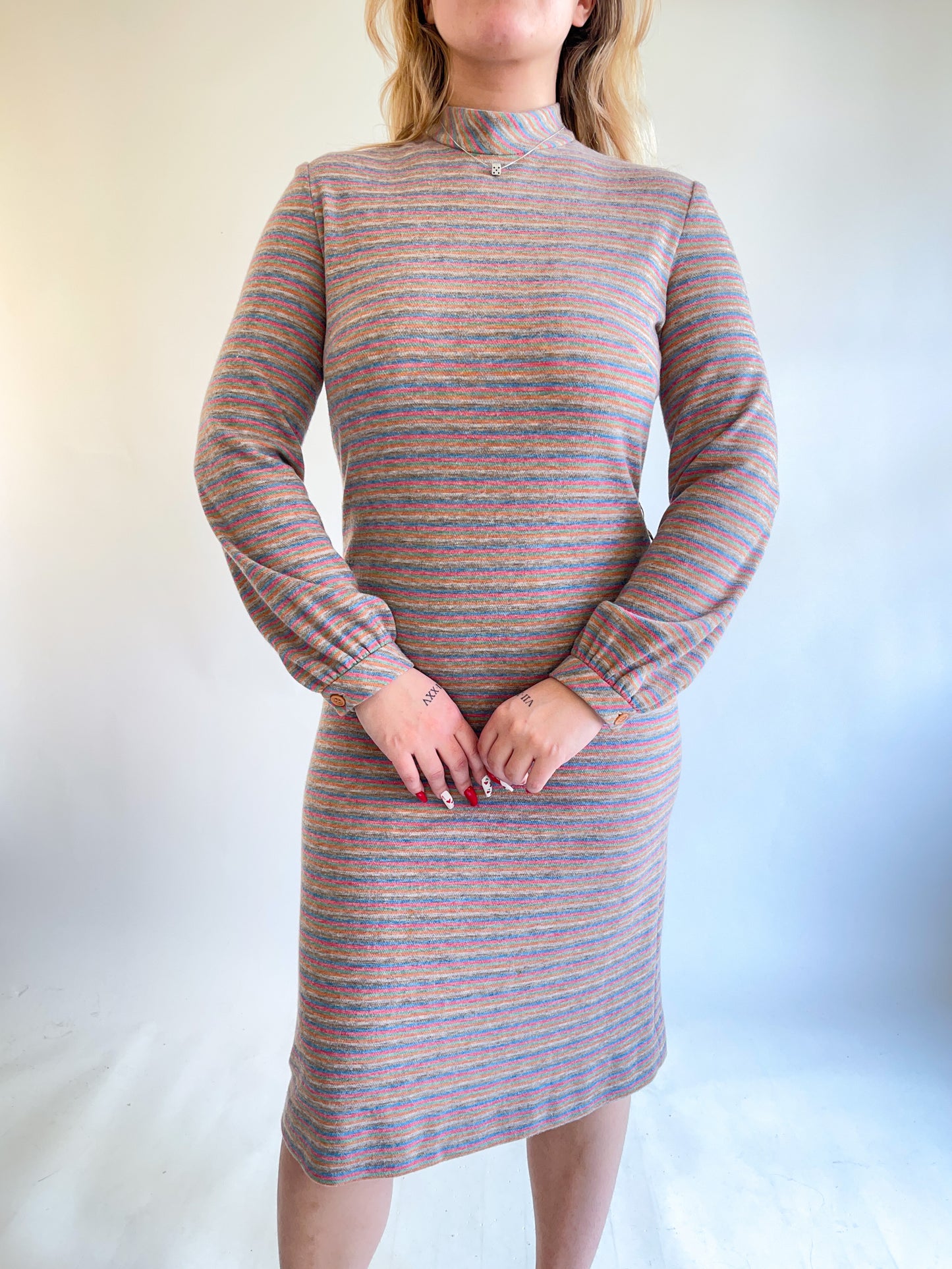 60s Striped Knit Long Sleeve Midi Dress (M)