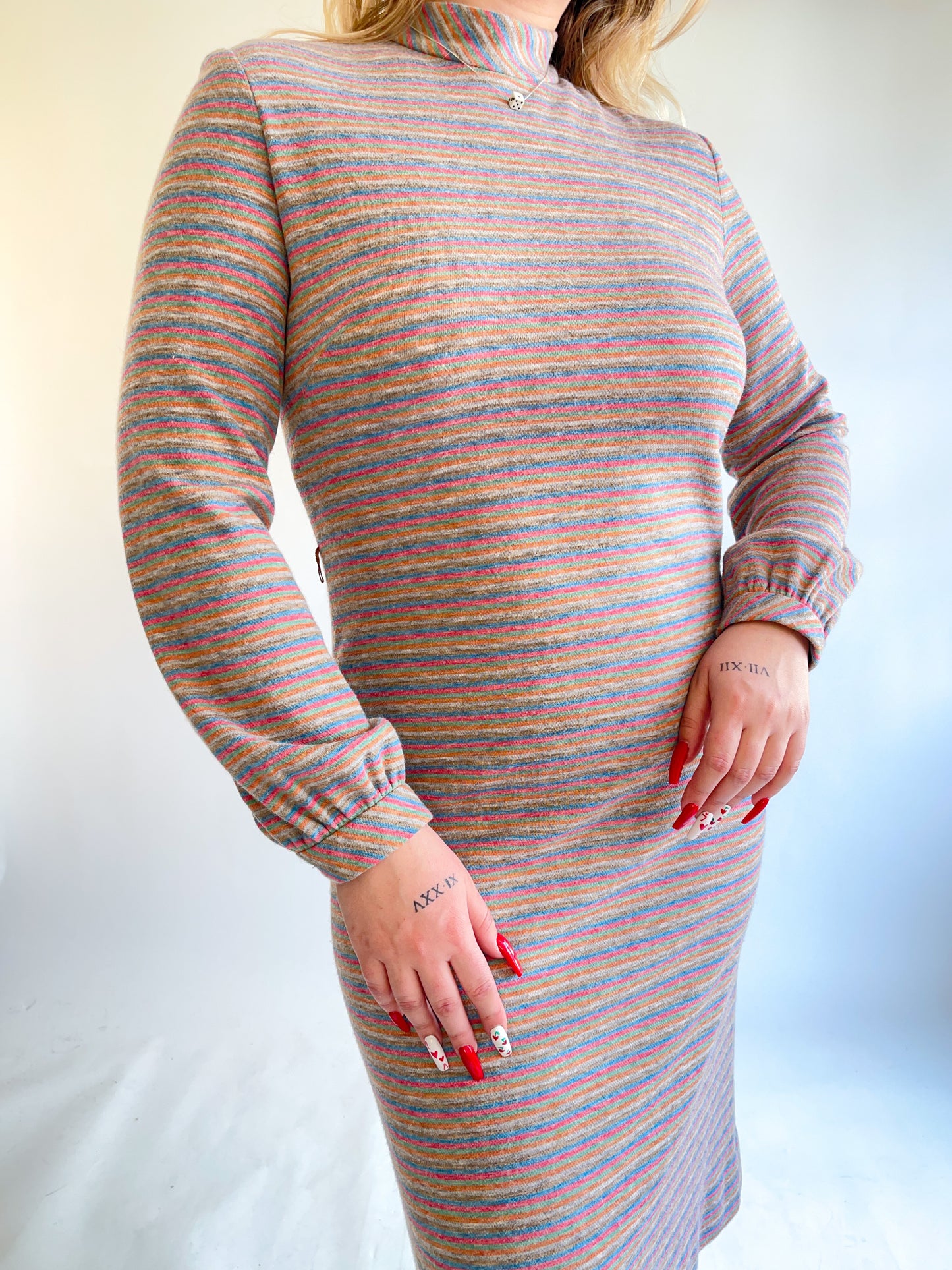 60s Striped Knit Long Sleeve Midi Dress (M)