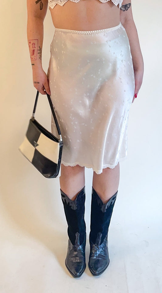 80s Pearl Satin Half Slip Midi Skirt (S-M)