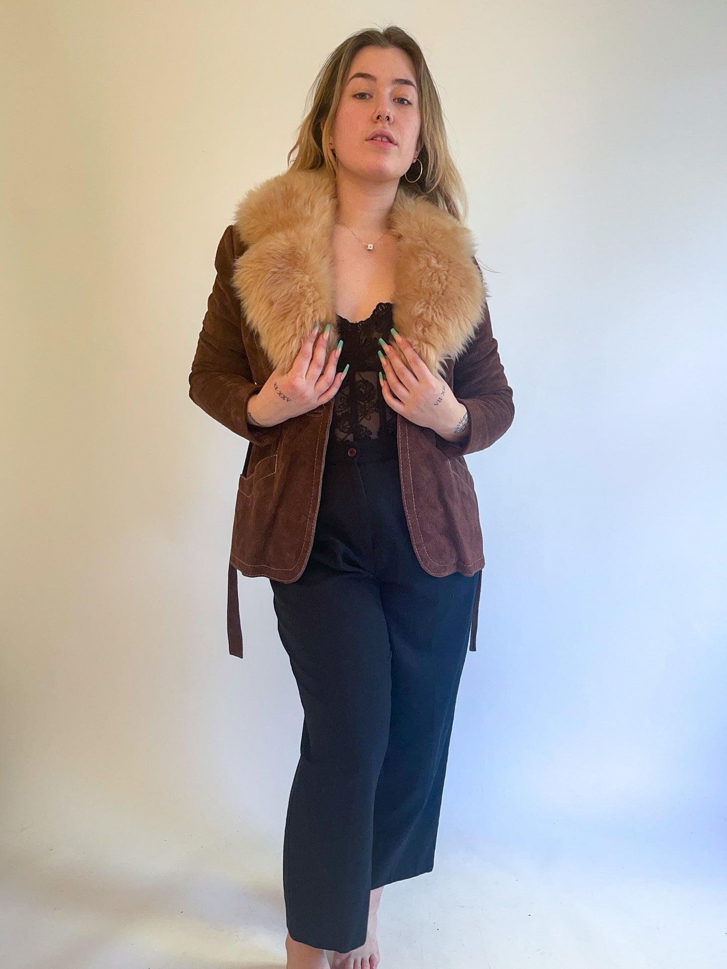 XS-S 70s Brown Suede Penny Lane Coat w/ Fur Collar