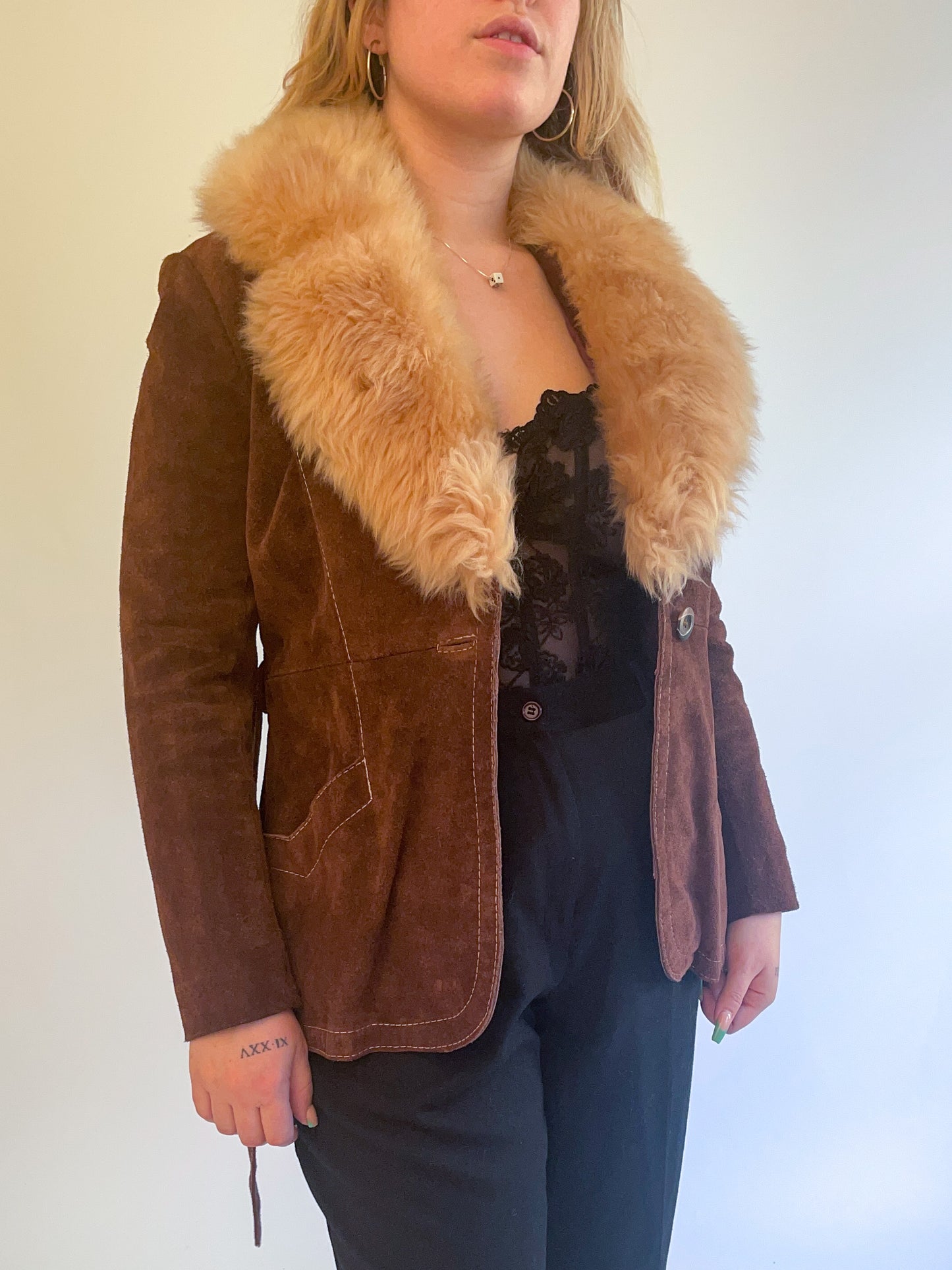 XS-S 70s Brown Suede Penny Lane Coat w/ Fur Collar