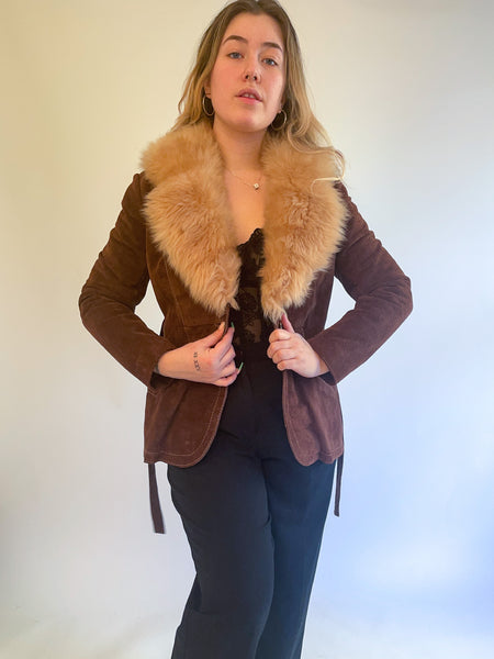 XS-S 70s Brown Suede Penny Lane Coat w/ Fur Collar