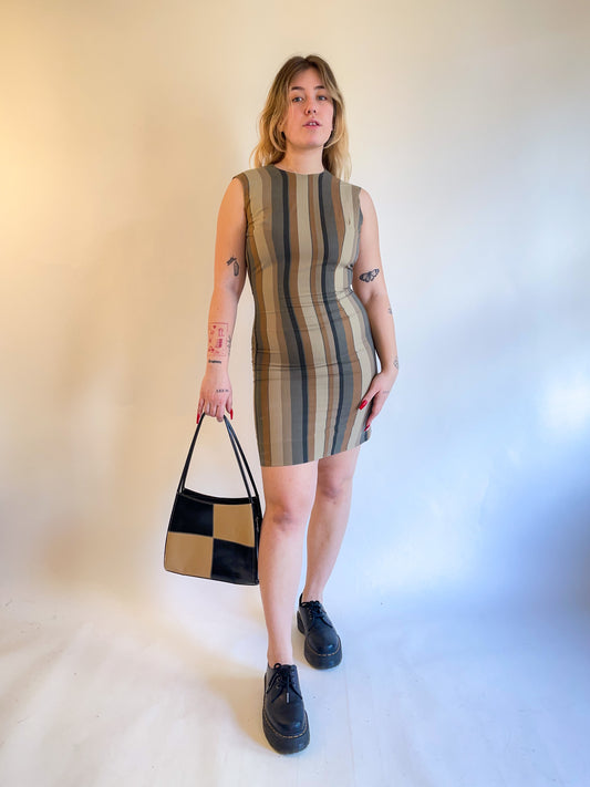 60s Neutral Striped Cotton Mini Dress (S)