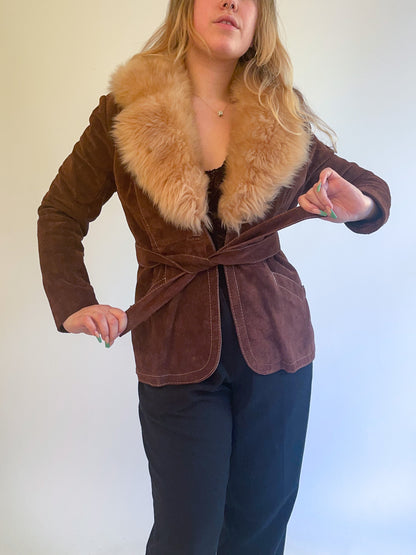 XS-S 70s Brown Suede Penny Lane Coat w/ Fur Collar
