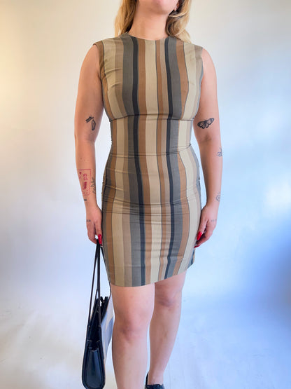 60s Neutral Striped Cotton Mini Dress (S)