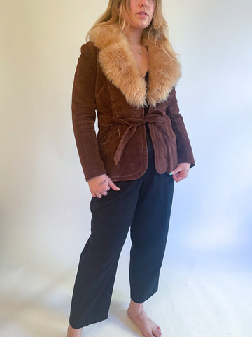 XS-S 70s Brown Suede Penny Lane Coat w/ Fur Collar