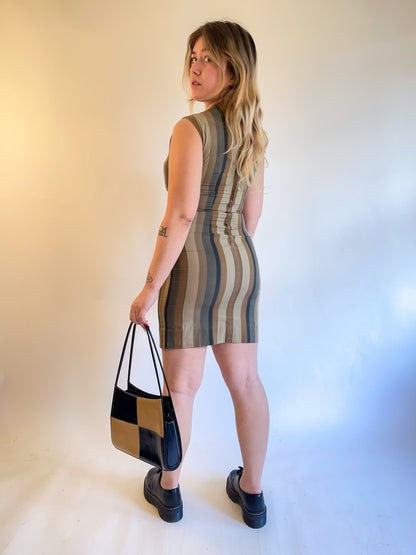 60s Neutral Striped Cotton Mini Dress (S)